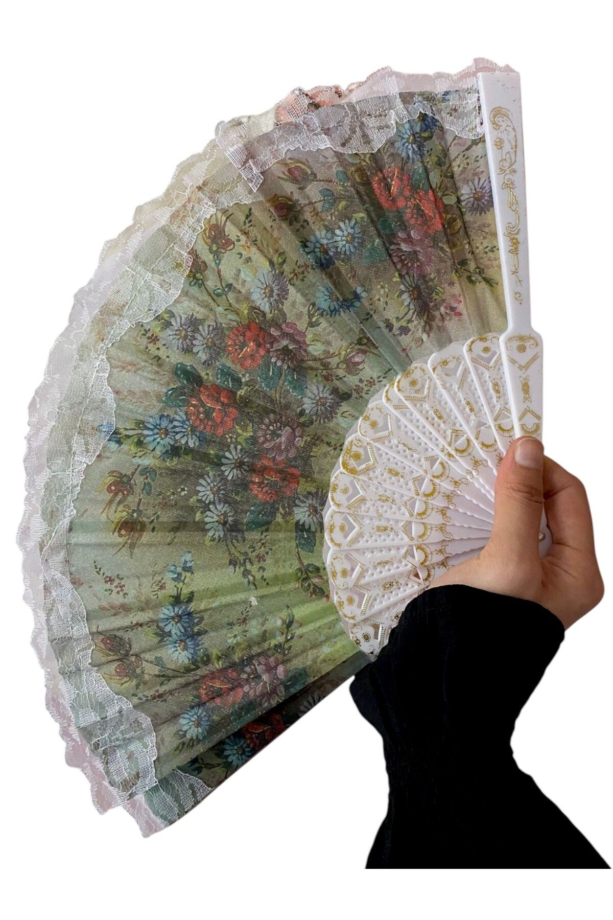 SNA Yelpaze Serinletici Karışık Renk Gelin Yelpaze Çiçek Desenli Renkli Dantelli Kına Hediyelik Yelpaze