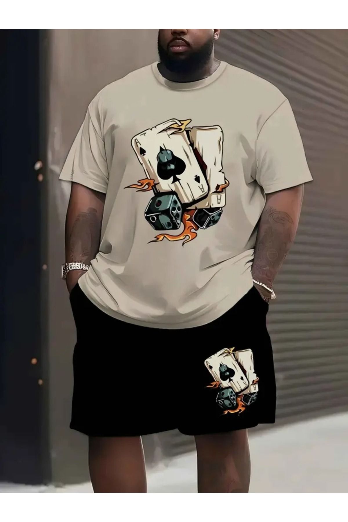 LAND MODA Erkekler için Rahat Yaka T-Shirt, Kart Çekirdek Baskılı, Bol Kesim