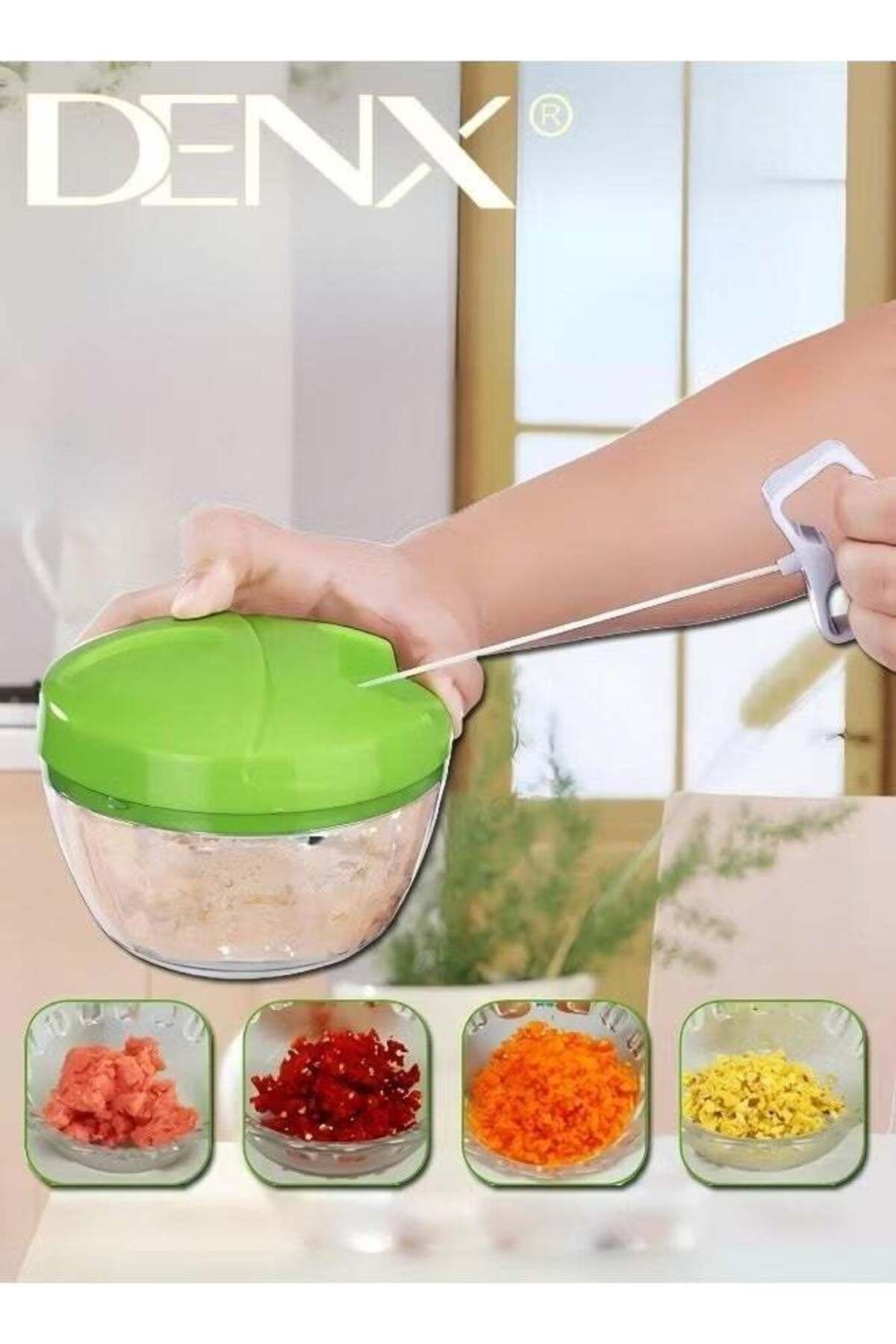 Denx-Manual Food Chopper And Cutter With A Pull Cord For Chopping Onions, Garlic, And Vegetables, Green 5