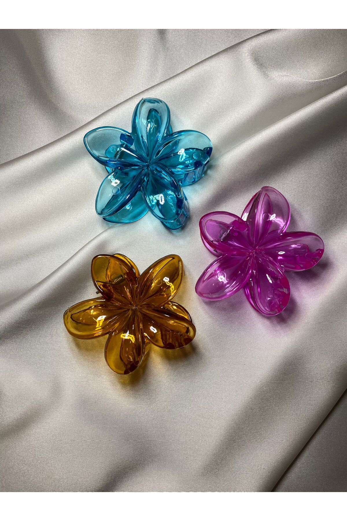 jemilas Şeffaf Lotus 3'lü Karışık Toka Seti Mavi, Kahverengi, Pembe