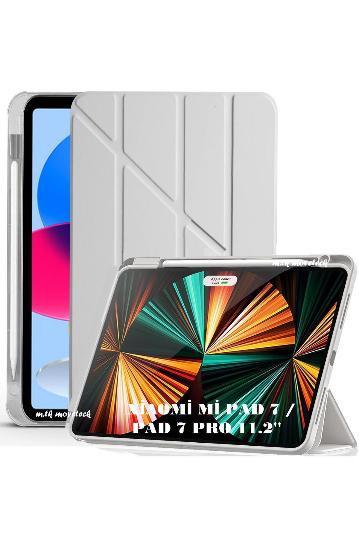 m.tk moveteck Mi Pad 7/7 Pro 11.2 inç Uyumlu Kılıf Kalem Bölmeli Üçgen Katlanır Standlı Yumuşak Kapaklı Silikon