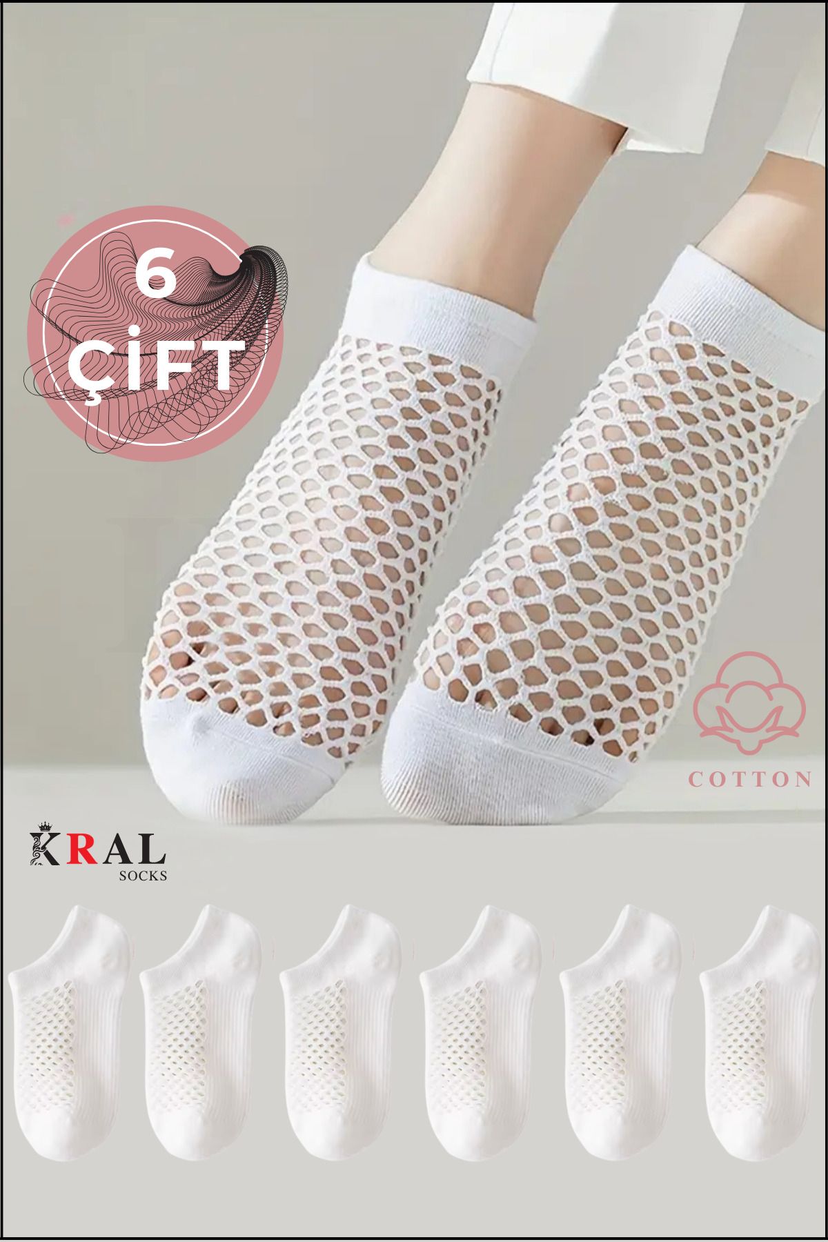 KRAL SOCKS Kadın Patik (6 ÇİFT) Çeyrek Soket File Model Pamuklu Terletmez Çorap Seti