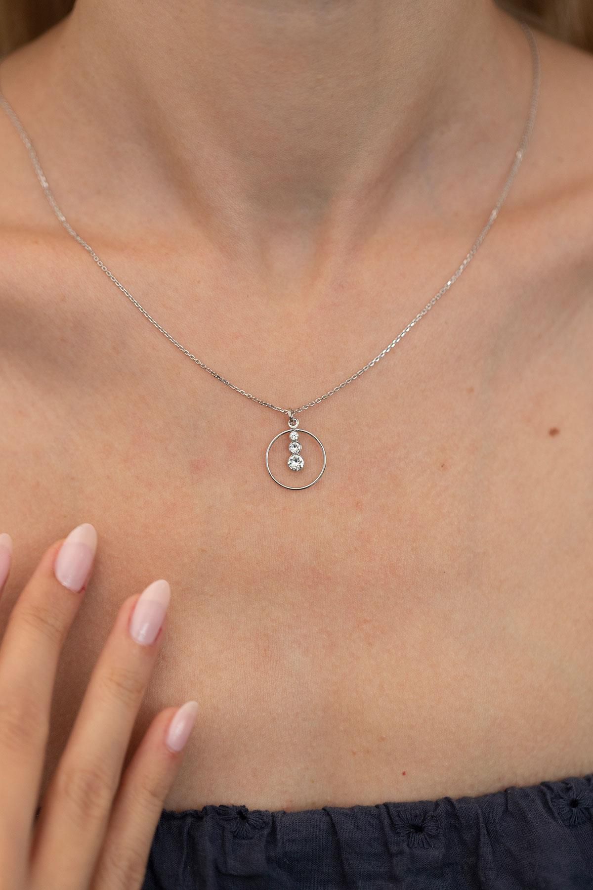 Ninova Silver Halka Üç Taşlı Model Rose Kaplama Gümüş Crystal Kolye