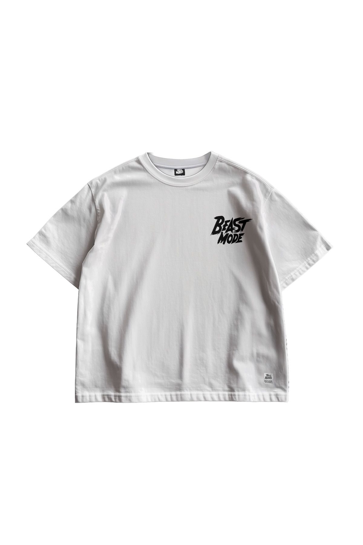 TresMonos Beast Mode Baskılı Oversize Kısa Kesim Pamuklu Unisex Beyaz Tişört