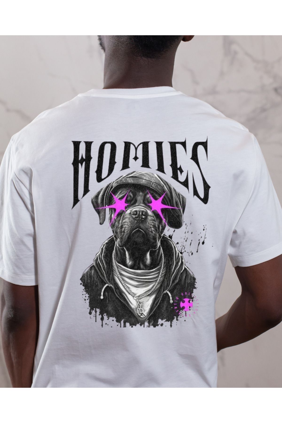 ship master Erkek Beyaz Tişört – "Homies" Baskılı, Hip-Hop Tarzı Köpek Desenli