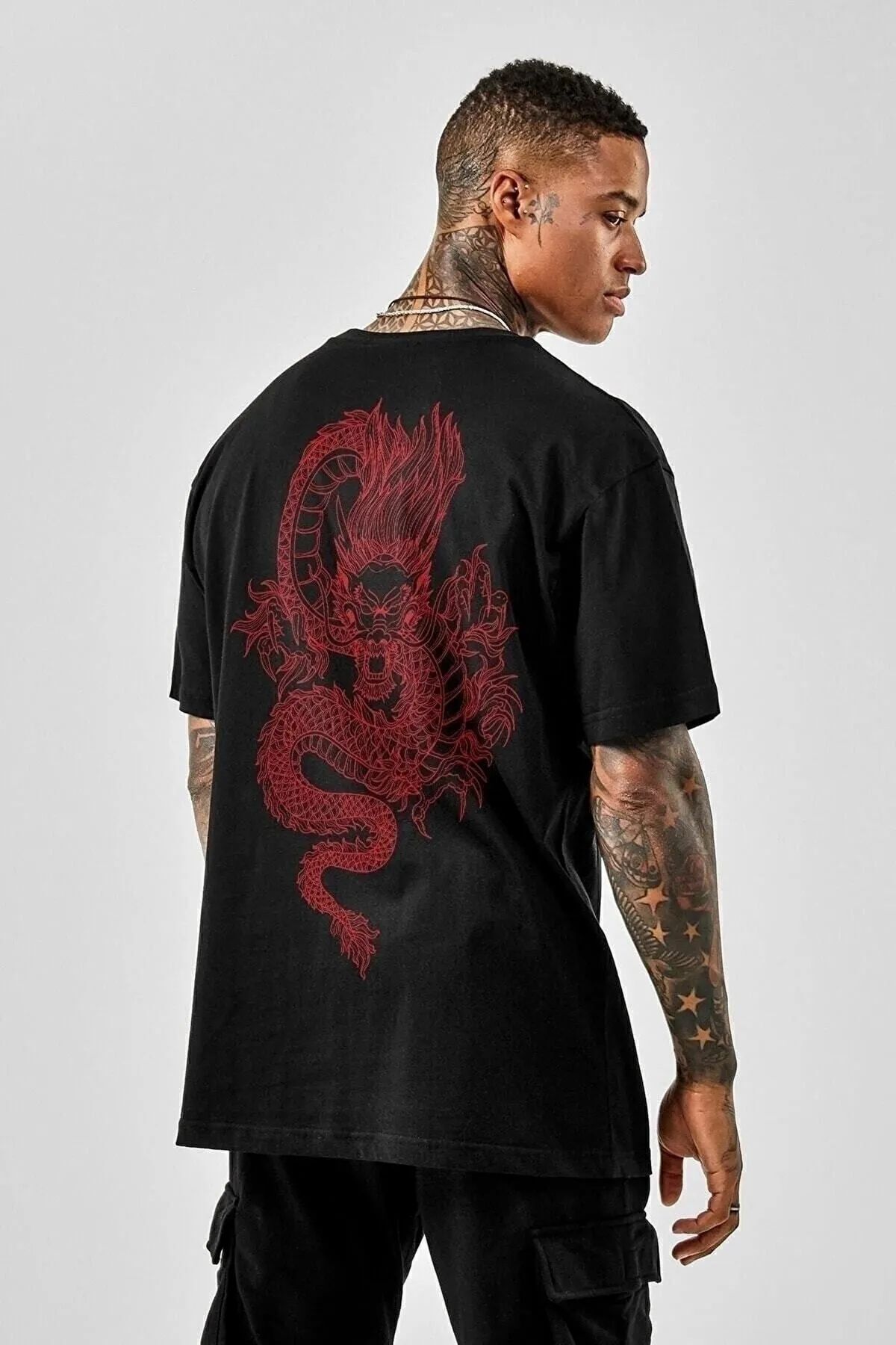 ship master LUNAVISTA Oversize Dragon Baskılı Siyah Tshirt OVRSZTSHRT12