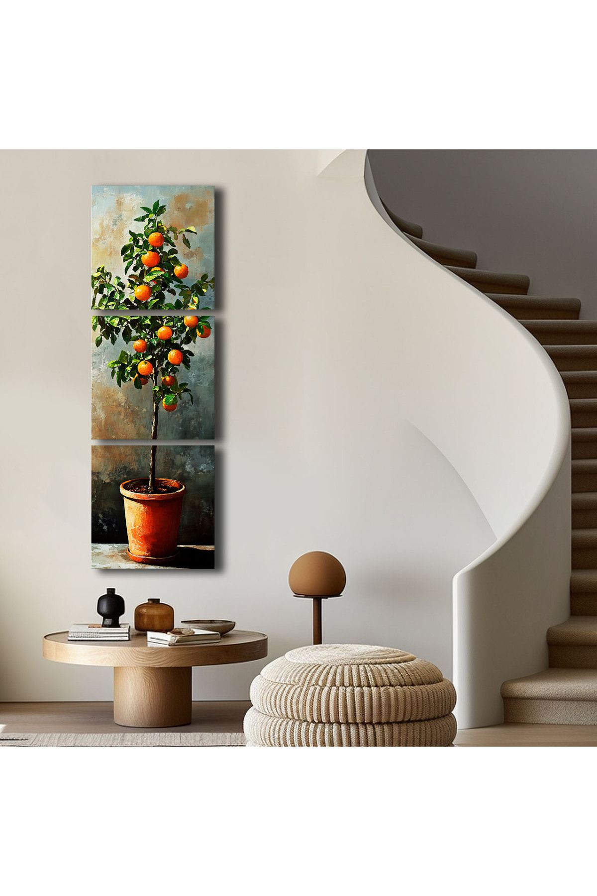 Özgül Grup 3 Parça Dekoratif Canvas Tablo 135x45 cm Saksıda Mandalina Ağacı