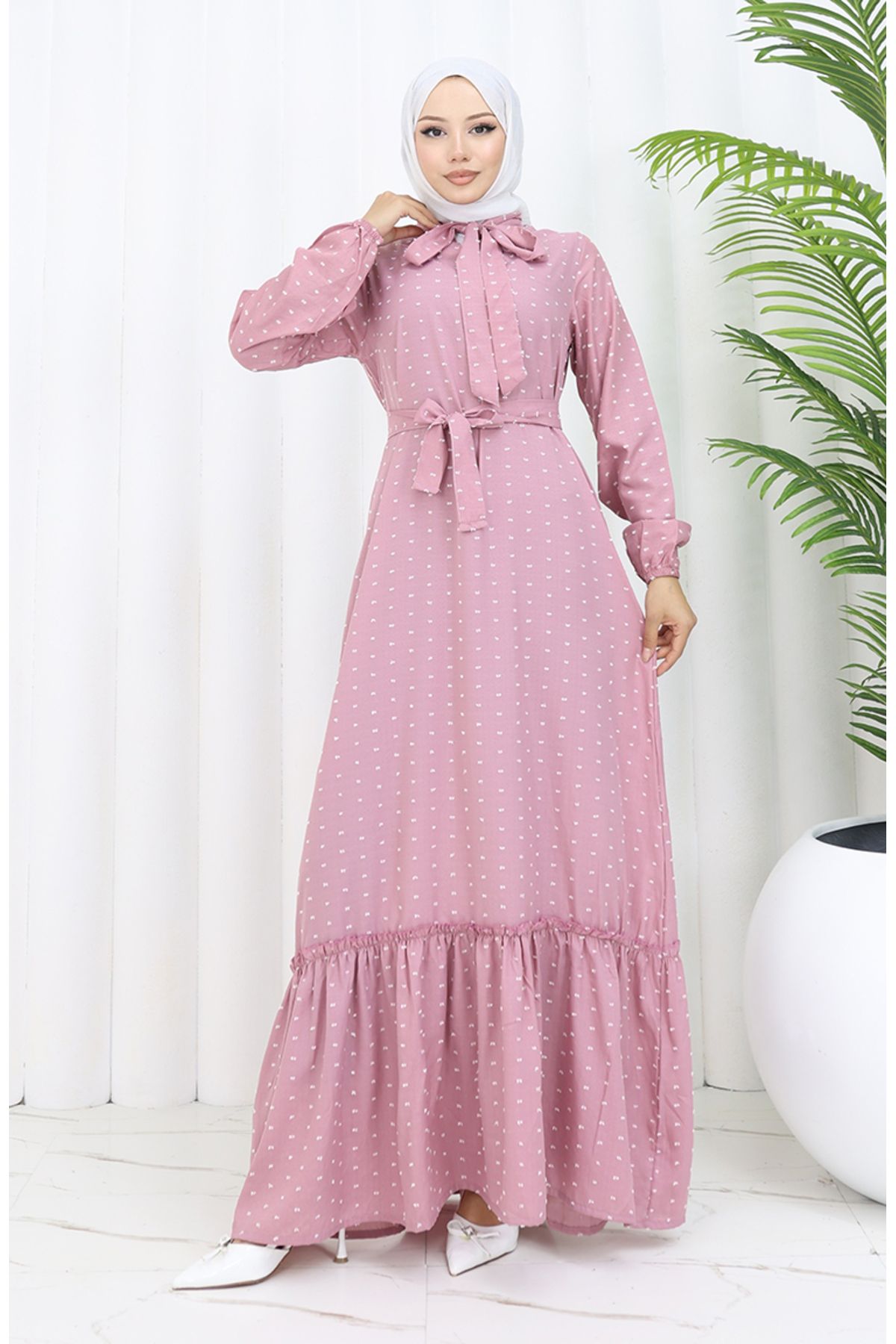 sefamerve-Getrocknetes rosafarbenes Pıtpıt-gemustertes Kleid mit Gürtel – 0383-03 1
