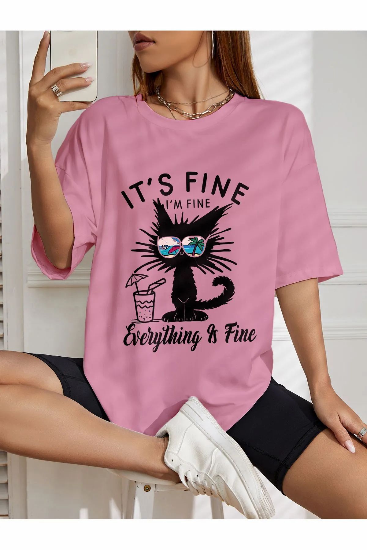 ship master oversize IT'S Fine (kedi) baskılı T-shirt