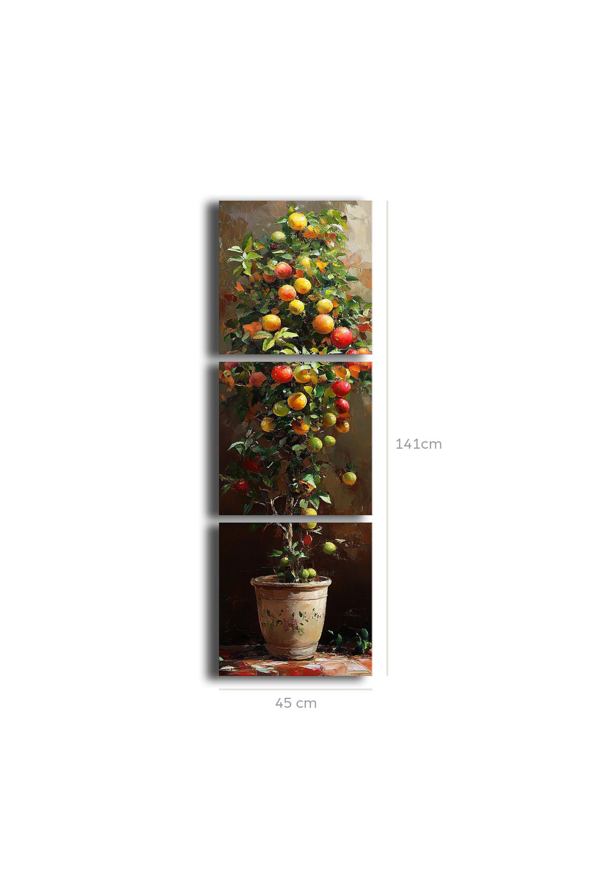 Özgül Grup 3 Parça Dekoratif Canvas Tablo 135x45 cm Eskitme Saksılı Meyveler