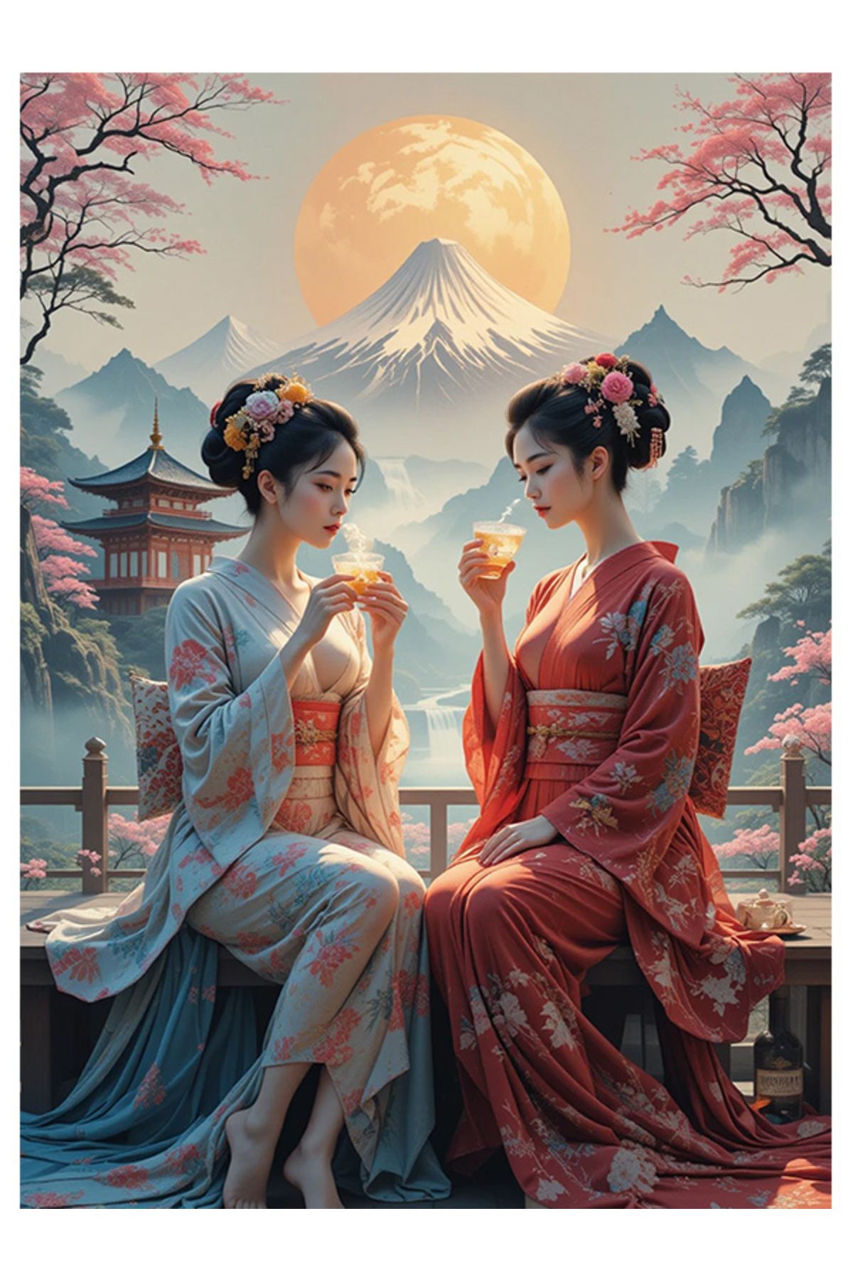 Bedeko Çay İçen Japon Kadınlar Mdf Tablo