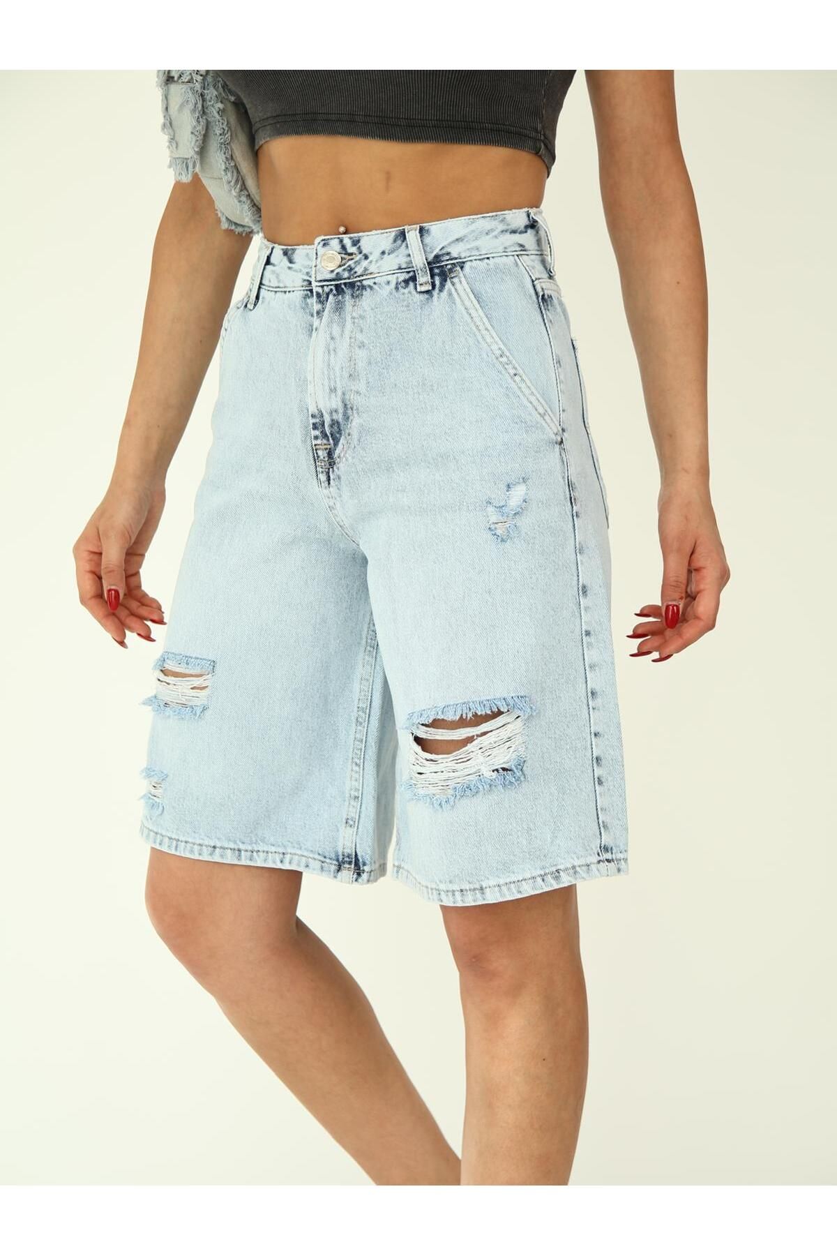 Zeo Basic-Ice Wash Ripped Denim Shorts 4