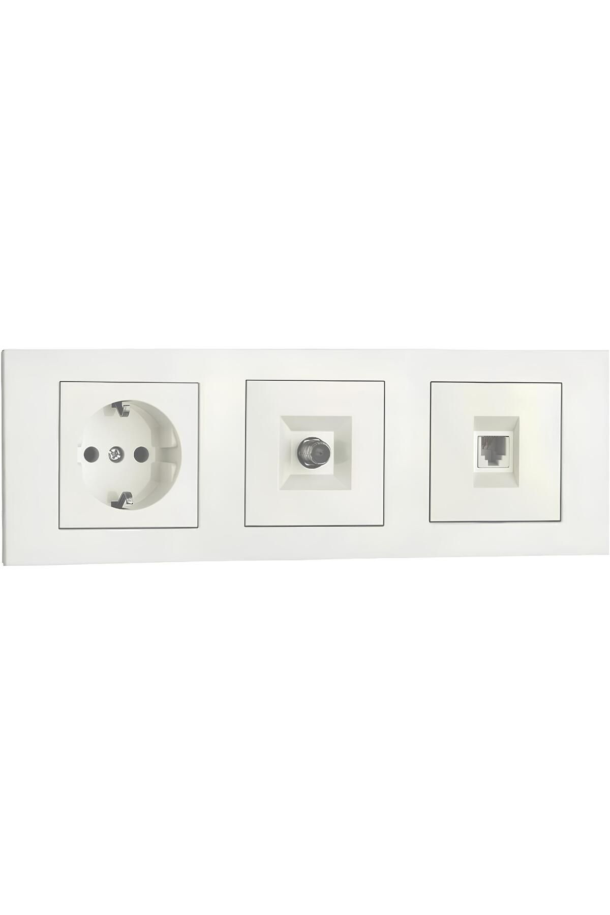 ga gözde aydınlatma-Ovivo Grano White Triple Set Grounded Socket Tv Socket Numeris Rj45 Triple Frame Modular Mounting Compatible 2