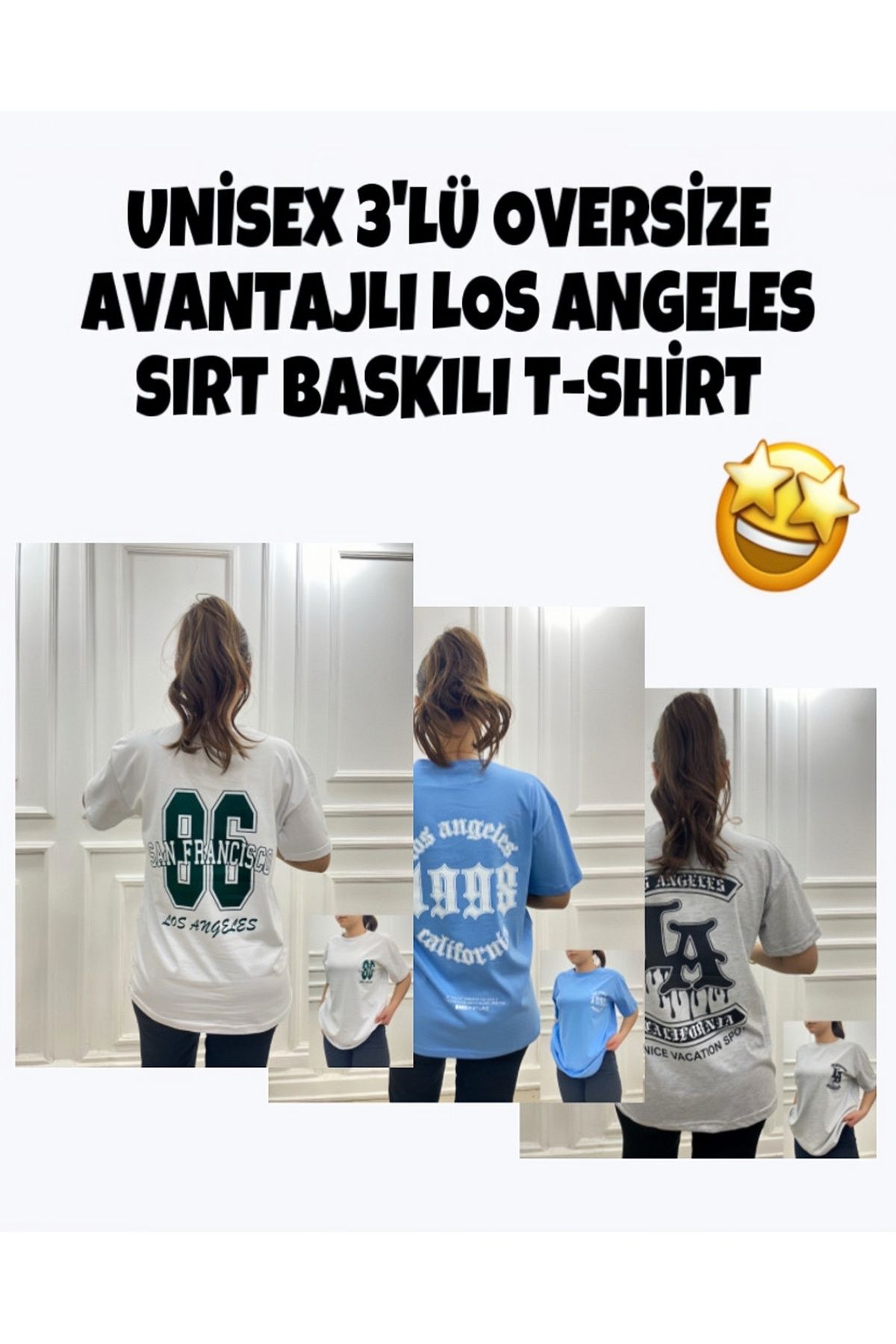 Teodora Demaria 3’lü Fırsat Ürünü! Unisex Los Angeles Sırt Baskılı Oversize T-shirt