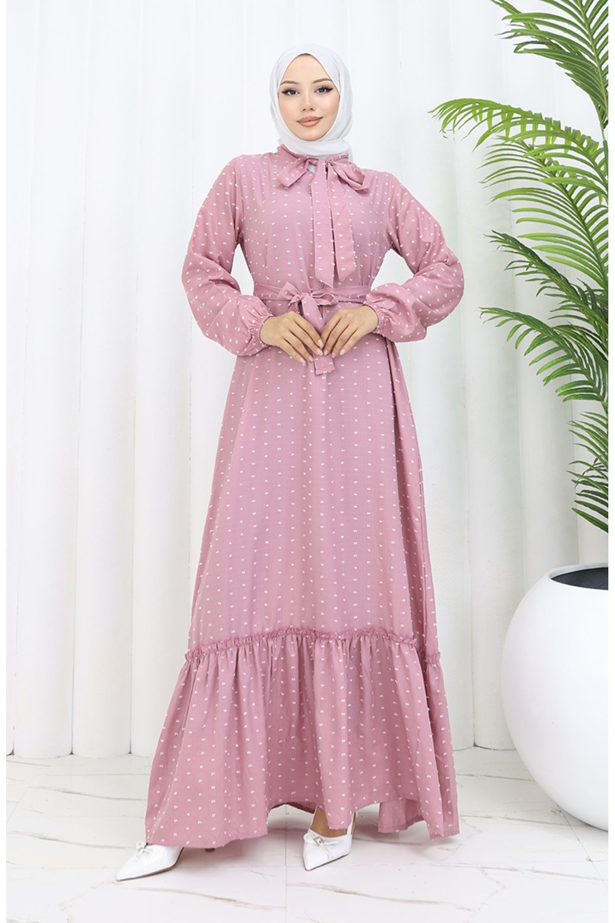 sefamerve-Getrocknetes rosafarbenes Pıtpıt-gemustertes Kleid mit Gürtel – 0383-03 2