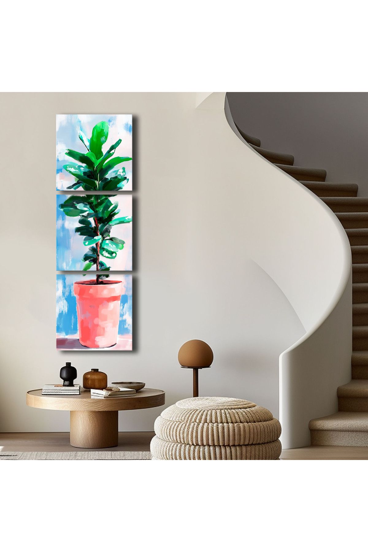 Özgül Grup 3 Parça Dekoratif Canvas Tablo 135x45 cm Sık Yeşil Yapraklı Saksı Çiçeği