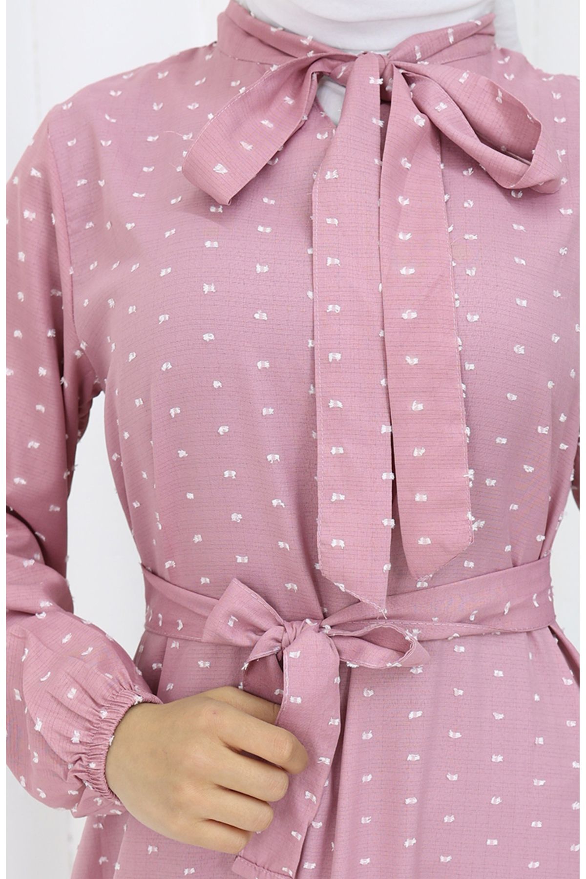 sefamerve-Getrocknetes rosafarbenes Pıtpıt-gemustertes Kleid mit Gürtel – 0383-03 5