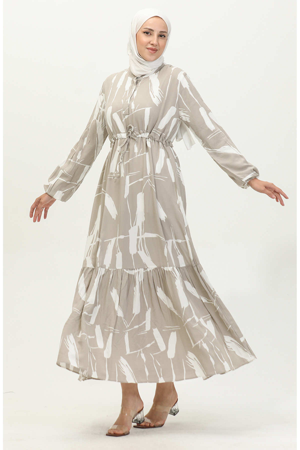 sefamerve-Mink Colored Viscose Dress - Brush Pattern and Drawstring 81869-02 3