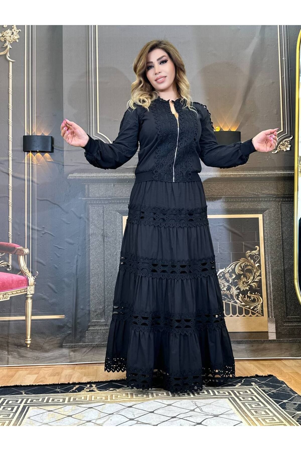 Yeşilmoda Takım,Ceket ve etek,Fermuarlı,Tesettürlü,siyah,astarlı,Dantel işi,maxi,Yüksek kalite