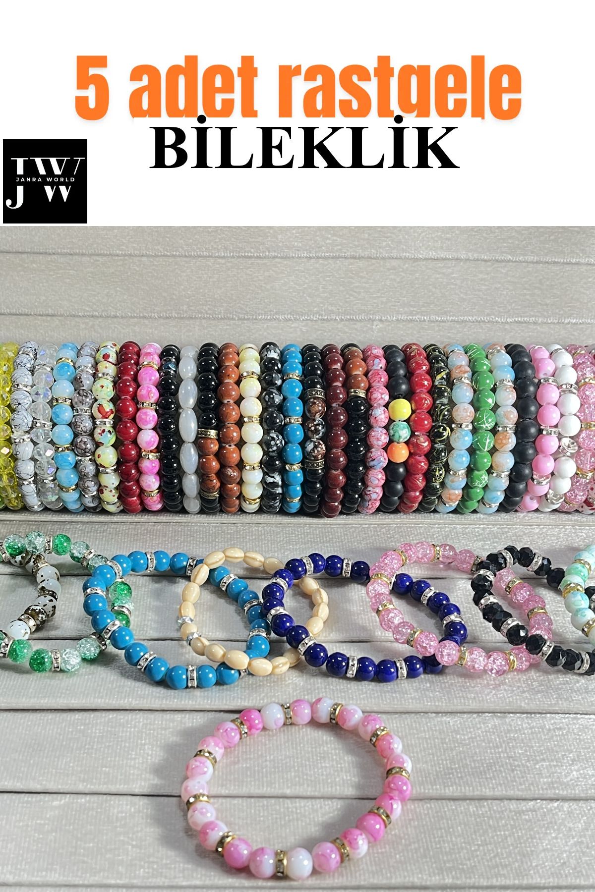 JANRA WORLD 5’li Sürpriz Karışık Doğal Taş Cam Bileklik Seti | Unisex Lastikli Boncuk Bileklik | Hediye Kombin