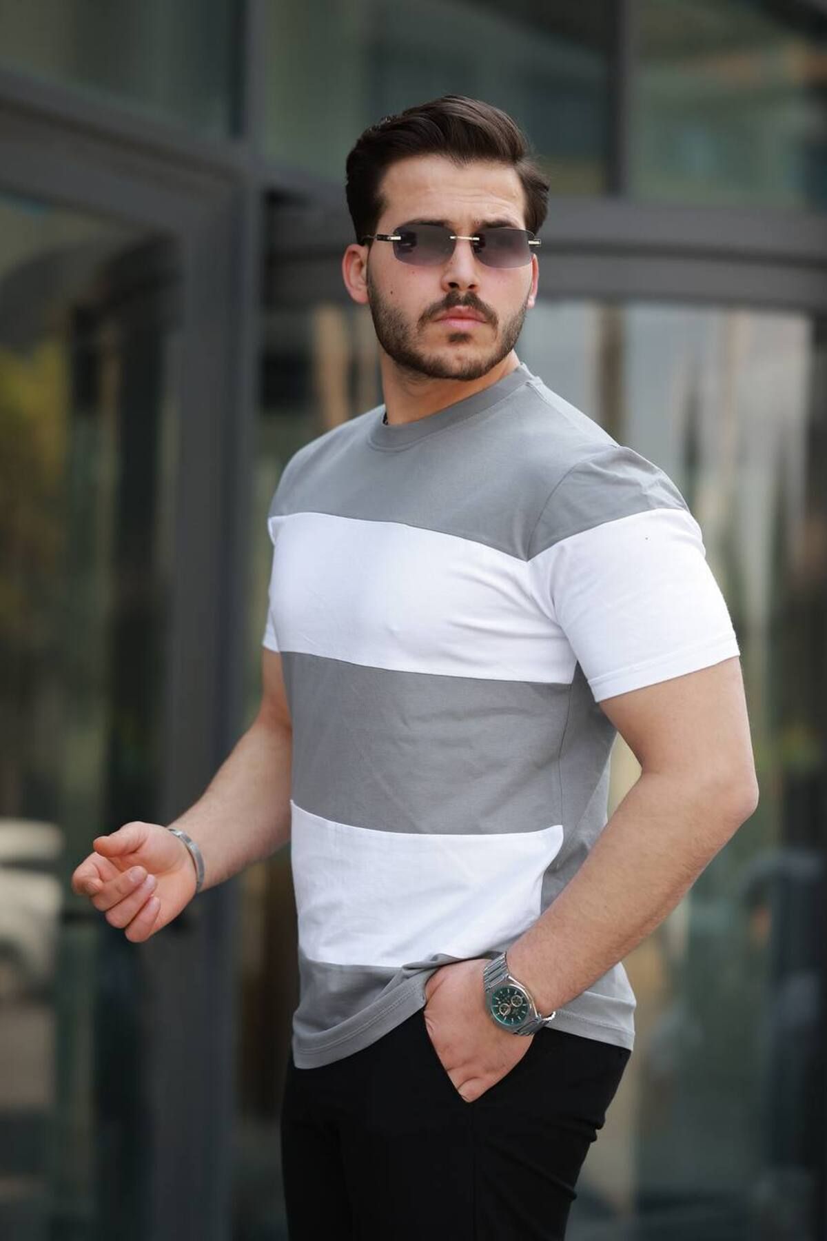 YUNED Erkek Parçalı Bisiklet Yaka T-shirt