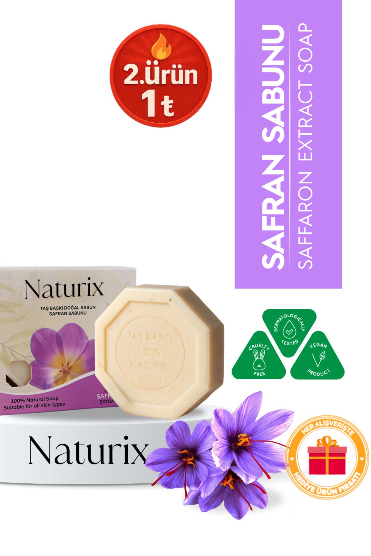 Naturix Safran Özlü Taş Sabun Leke Karşıtı ve Nem Dengeleyici Cilt Bakımı - 125 gr