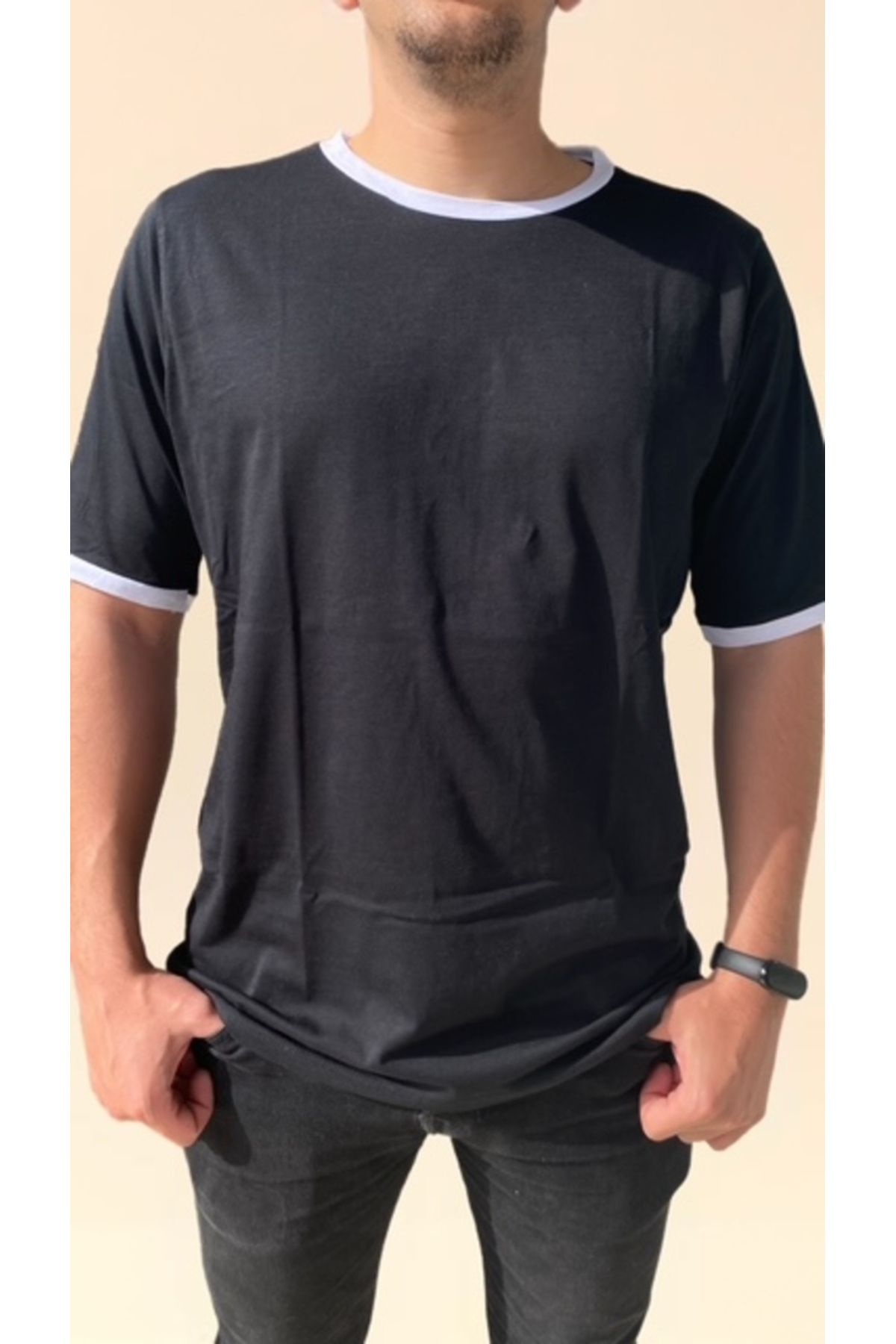 ORTAKÇA Beyaz Biyeli Siyah Düz T-shirt