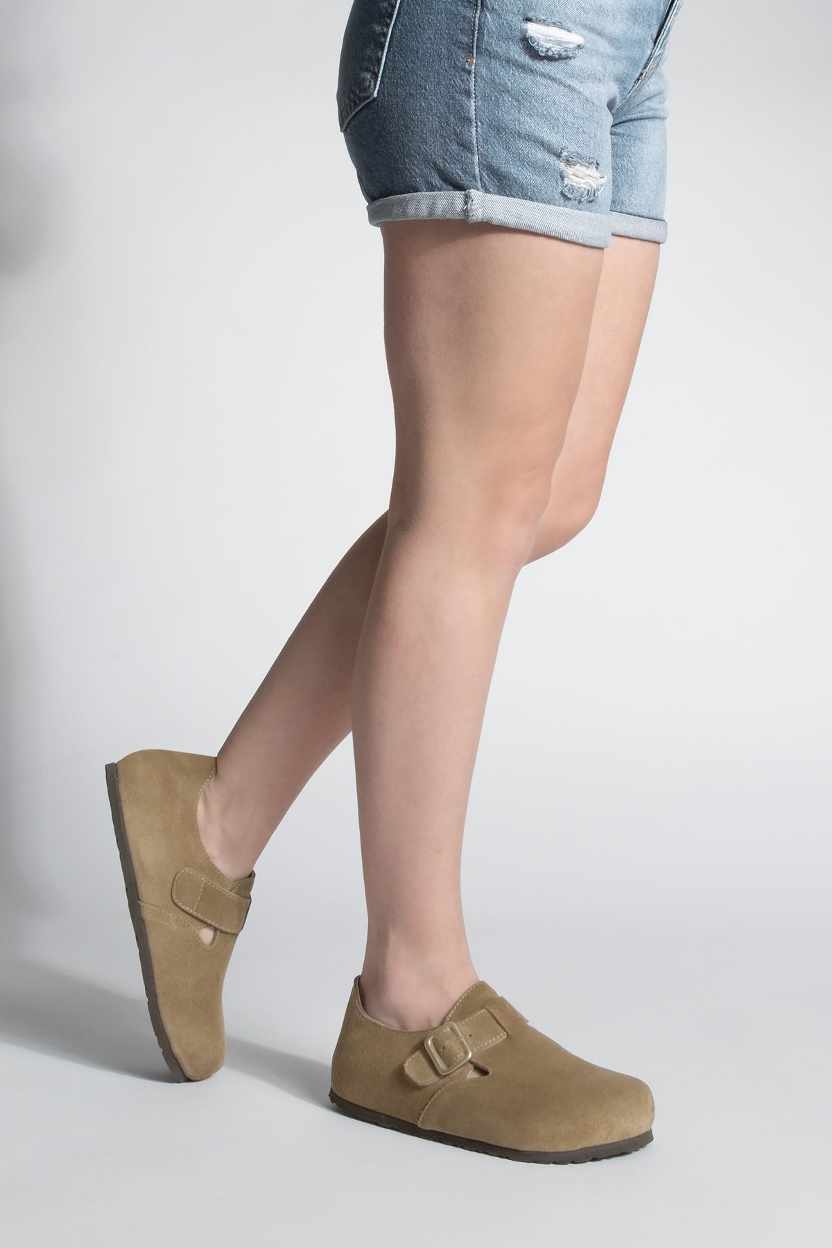 صندل زنانه چرمی واقعی EVA در پشت پایه بسته روزانه SABO OLIVE BEFUN TOPRAK SUEDE Marjin