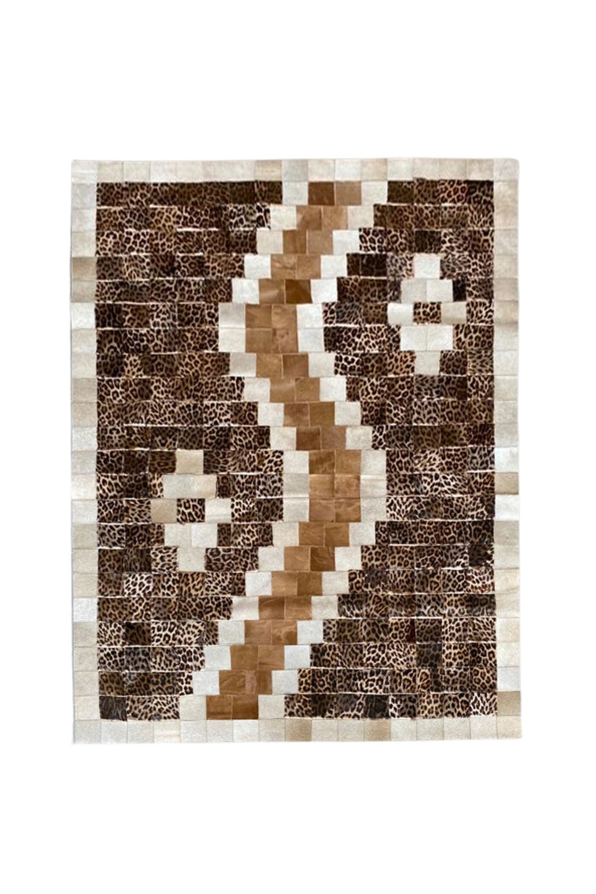 Grandhedefhalı Leopar Desenli Kahverengi Renk Patchwork Deri Halı