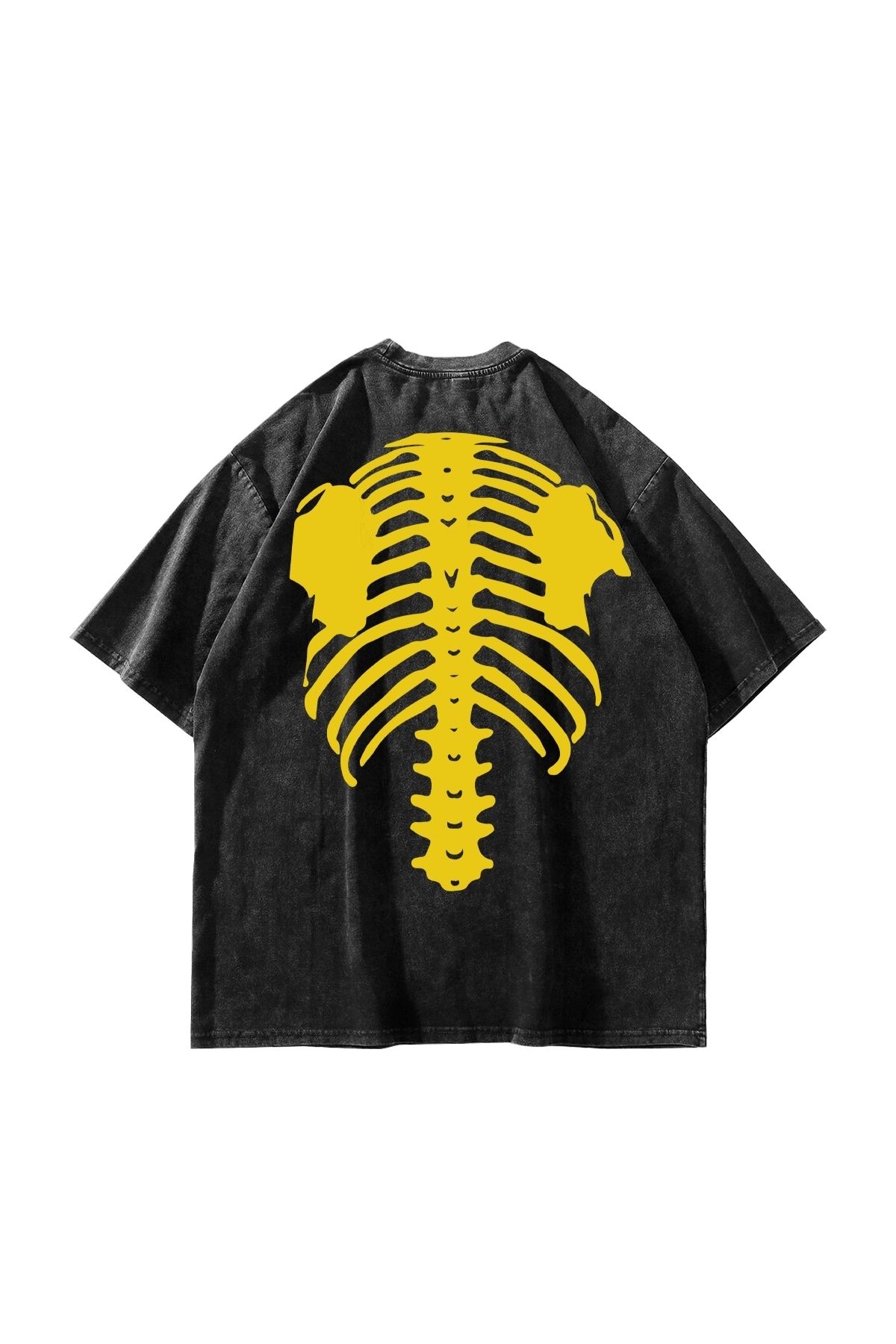 Sekizbiraltı Yellow Ribcage Baskılı Oversize Unisex Yıkamalı Siyah Tshirt