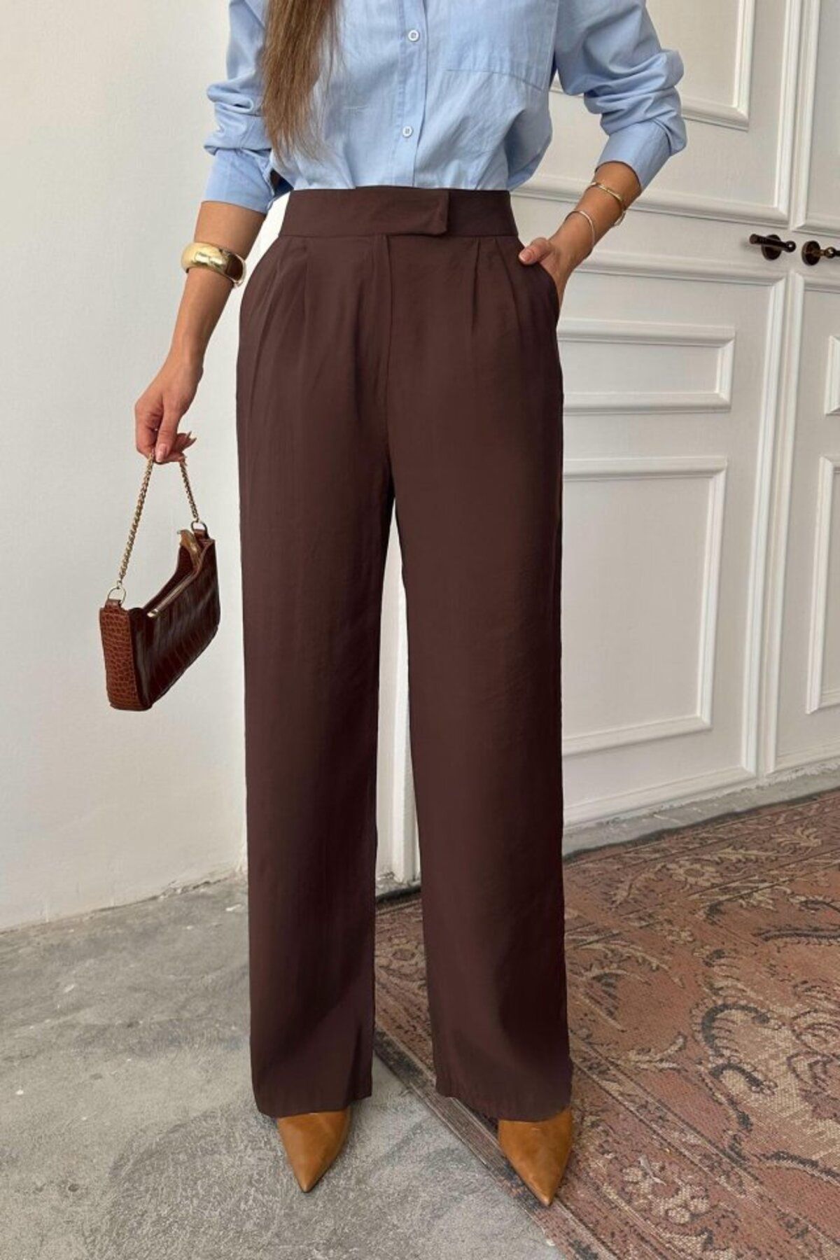 VELİZADE Yüksek Bel Esnek Konfor Modeli Cırt Cırt Kapama Bol Paça Wide Leg Kahverengi Palazzo Kumaş Pantolon