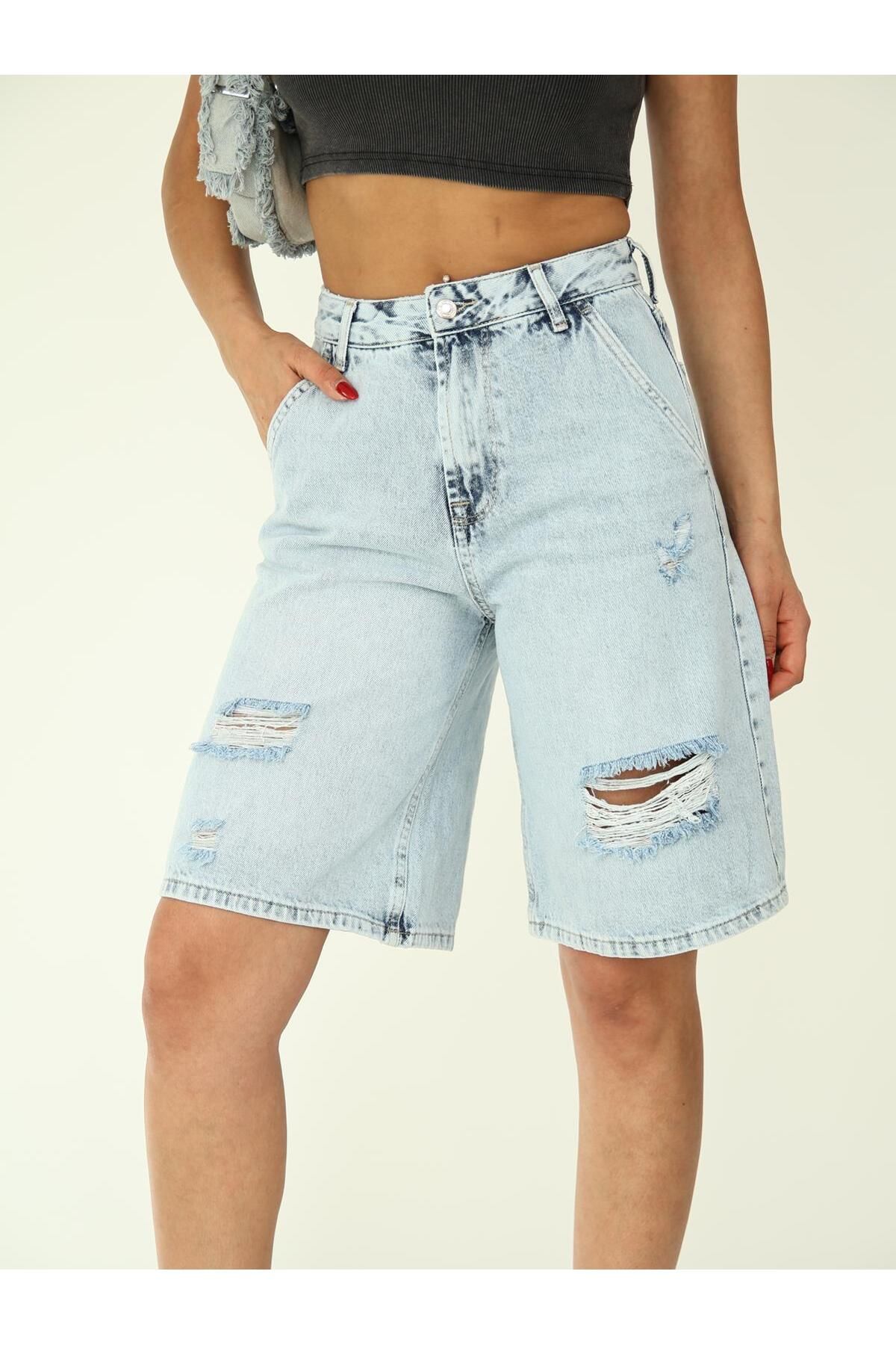 Zeo Basic-Ice Wash Ripped Denim Shorts 5