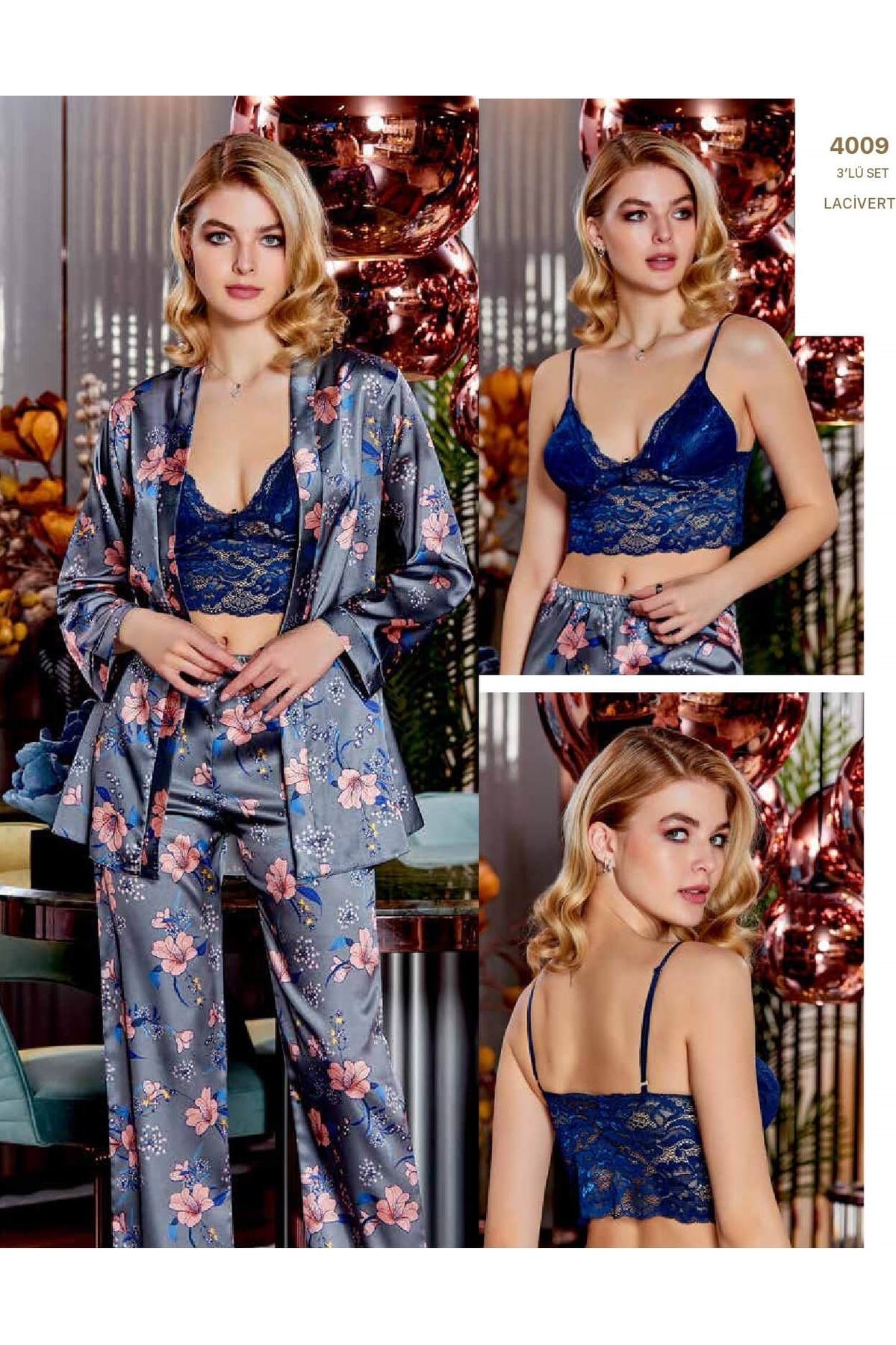 pierre 3'lü Büstiyerli Pijama Takımı 4009 Lacivert Çiçek Desenli