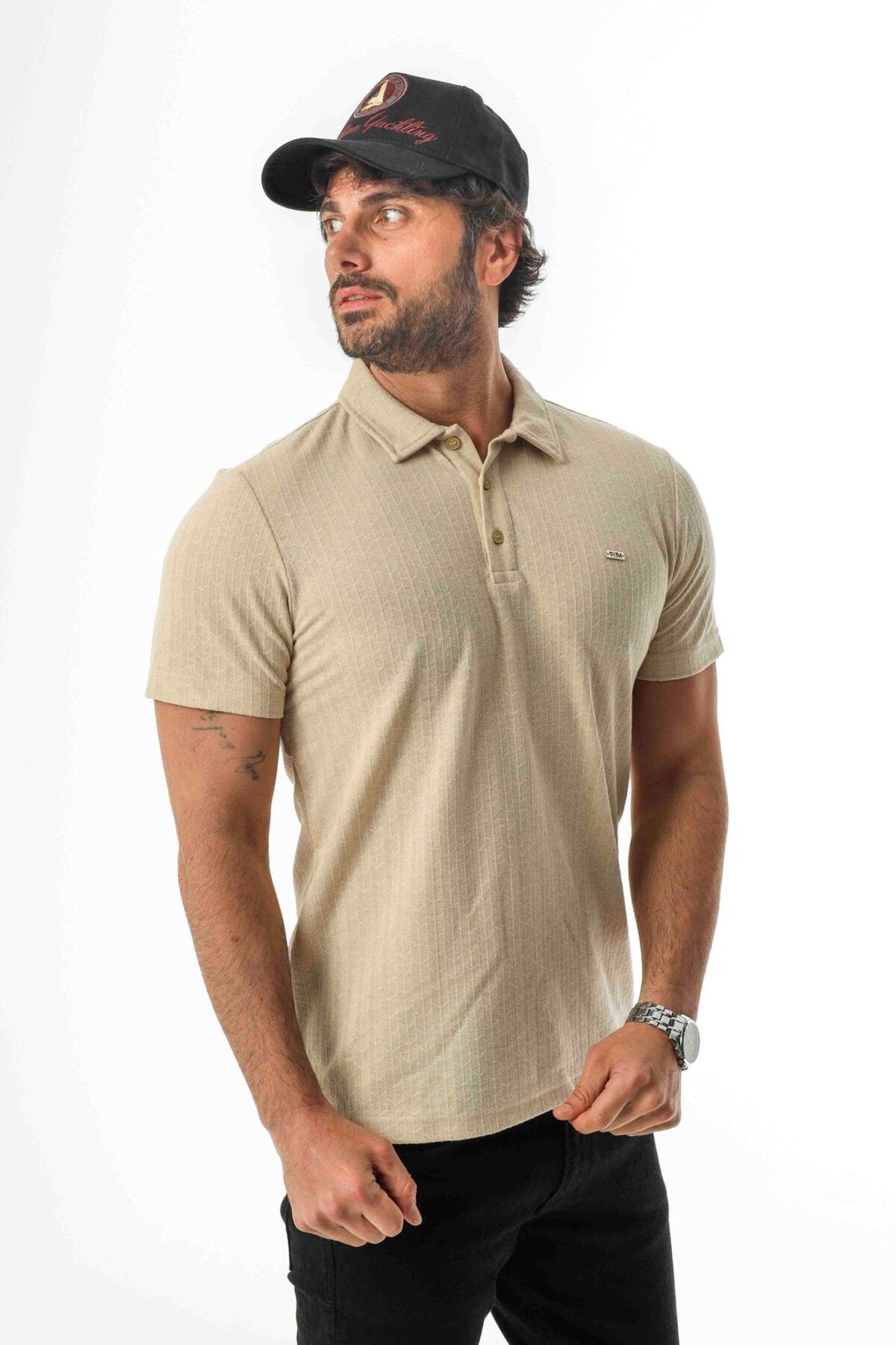 Tony Montana Regular Fit Polo Yaka Düğmeli Armalı Keten T-Shirt-KT-1003