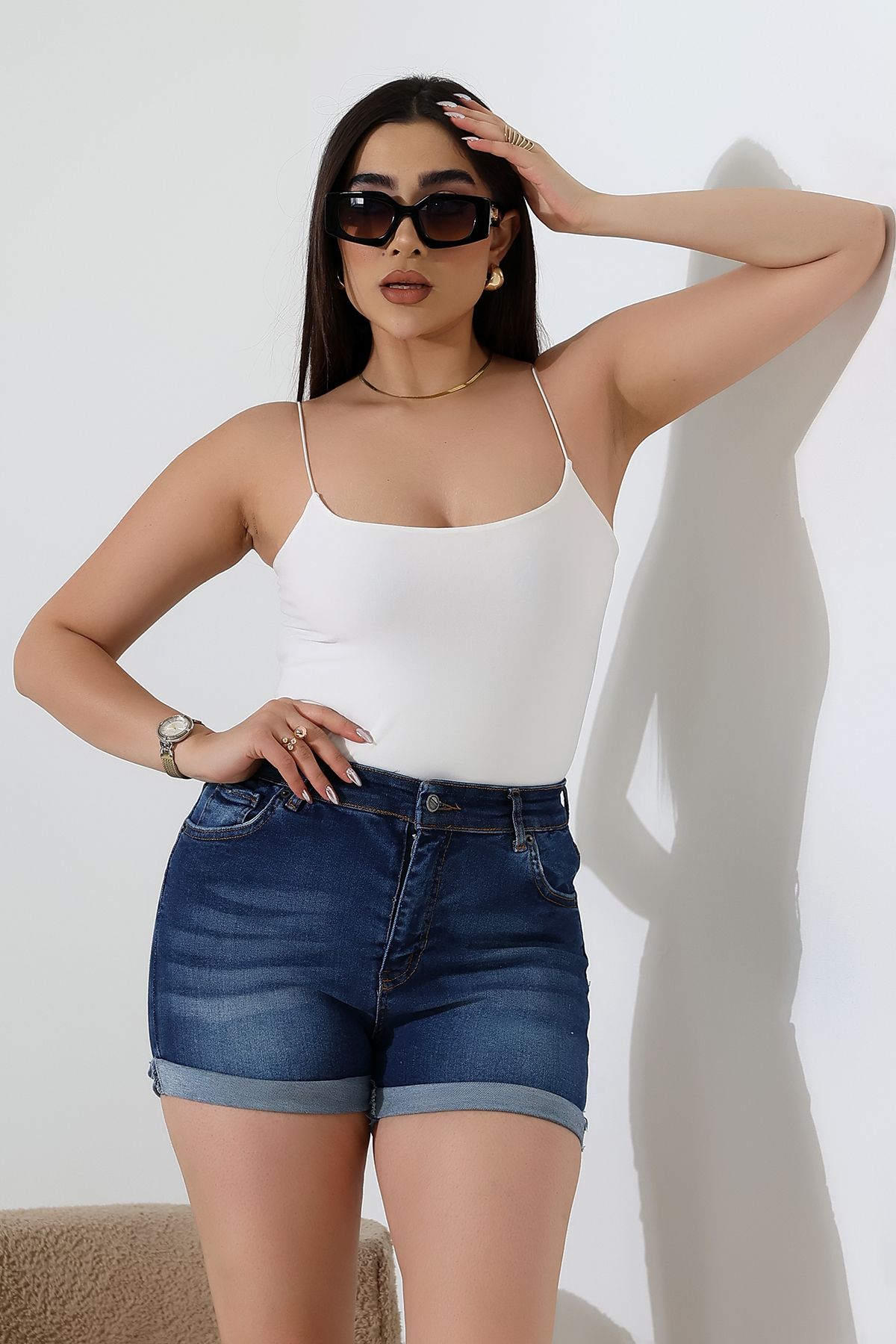 ZEYCEN Kadın Yüksel Bel Denim Mavi Likralı Kot Şort Jeans
