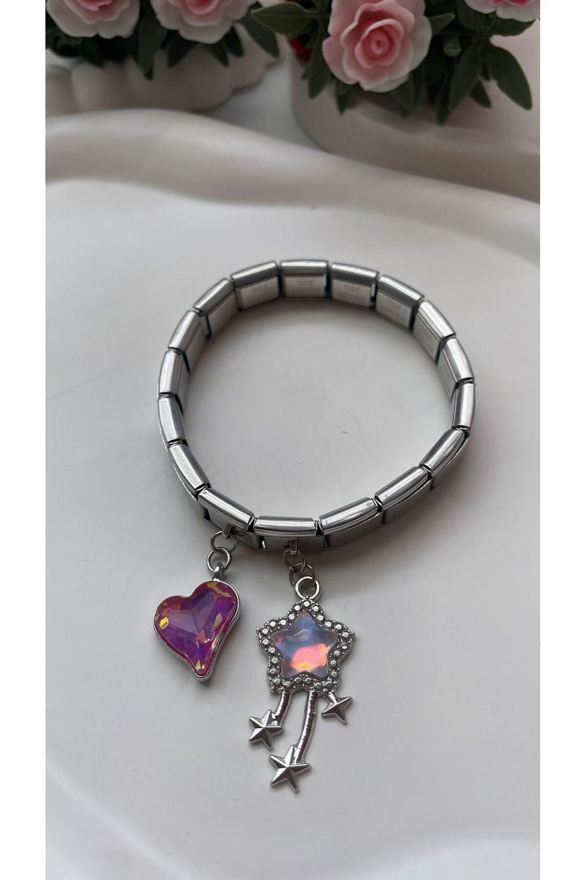 Sepetten Eve Çelik Italyan Charm Bileklik Gümüş Renk Ayarlanabilir Italyan Charm Çelik Bileklik 18cm