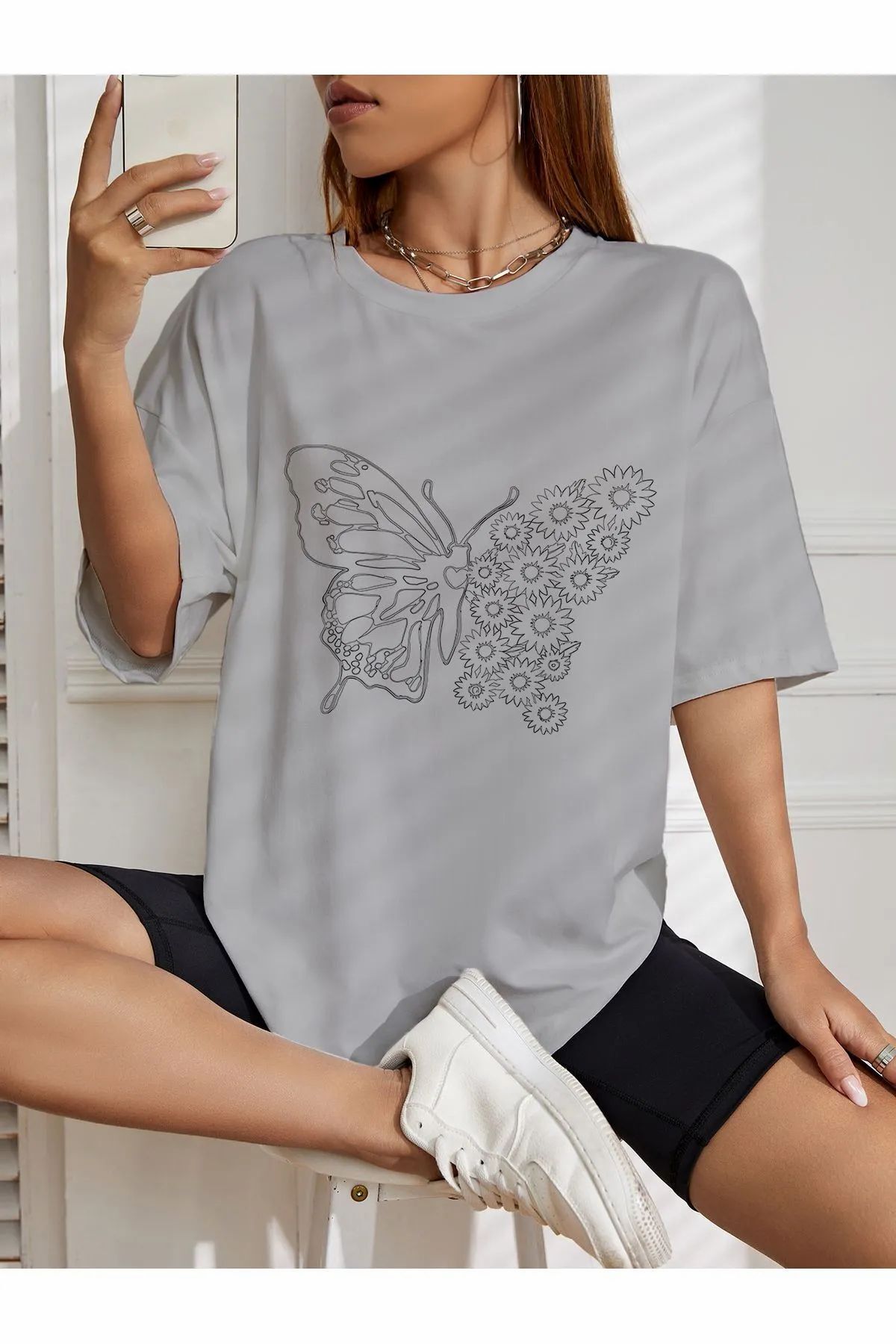 ship master oversize çiçekli kelebek baskılı baskılı T-shirt