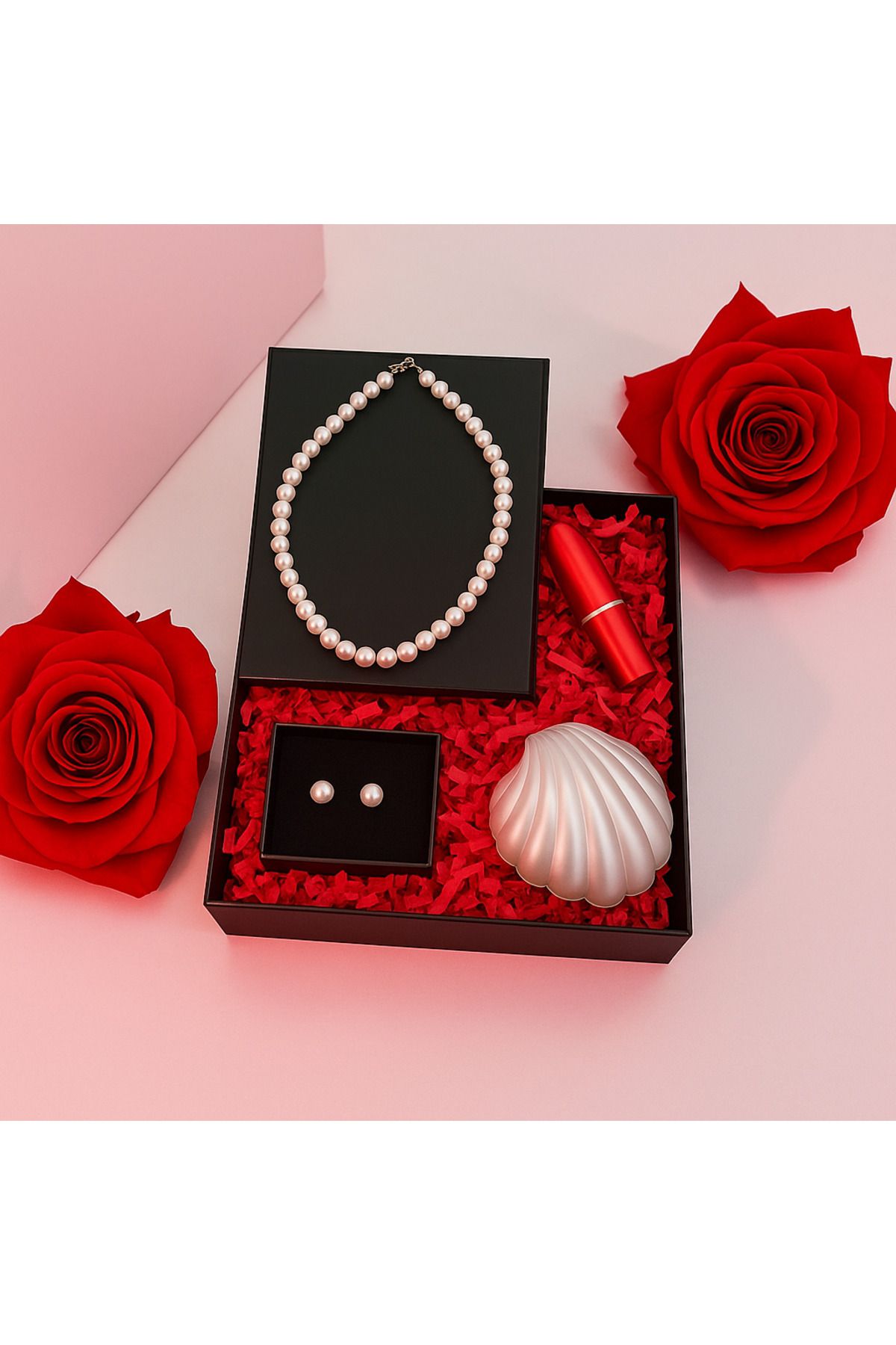 hediyebutik Kişiye Özel Hediye Kutusu İnci Kolye & İnci Küpe & Doldurulabilir Parfüm Şişesi & İstiridye Mum