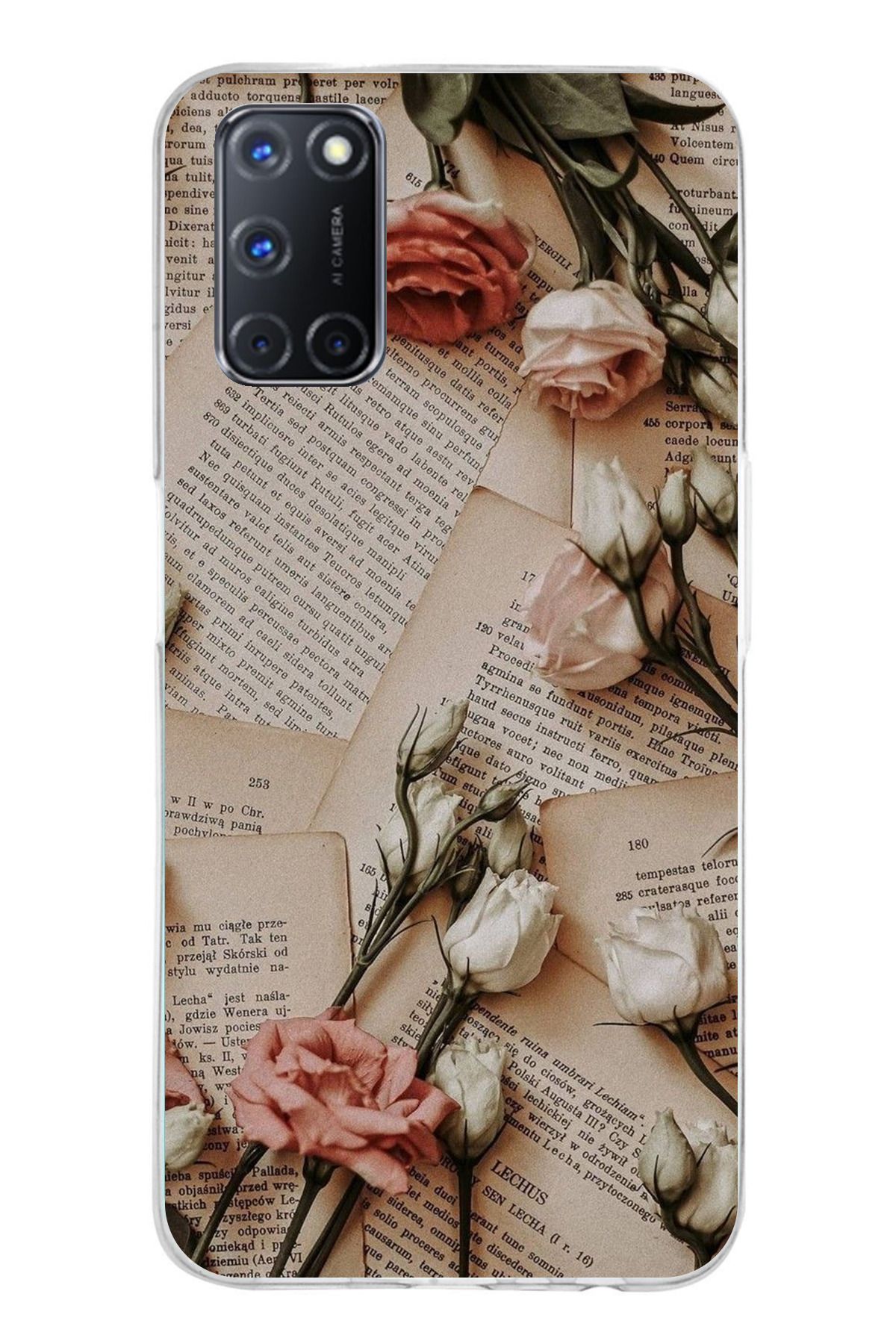 TechTree OPPO A52 - A72 - A92 Uyumlu Retro Gazete Güller Tasarımlı Şeffaf Silikon Kılıf