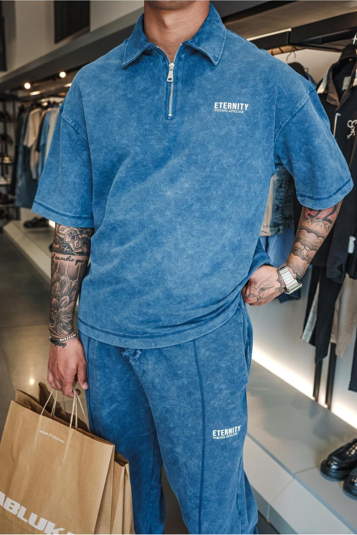 ablukaonline Erkek Polo Yaka Yıkamalı Oversize T-Shirt Mavi
