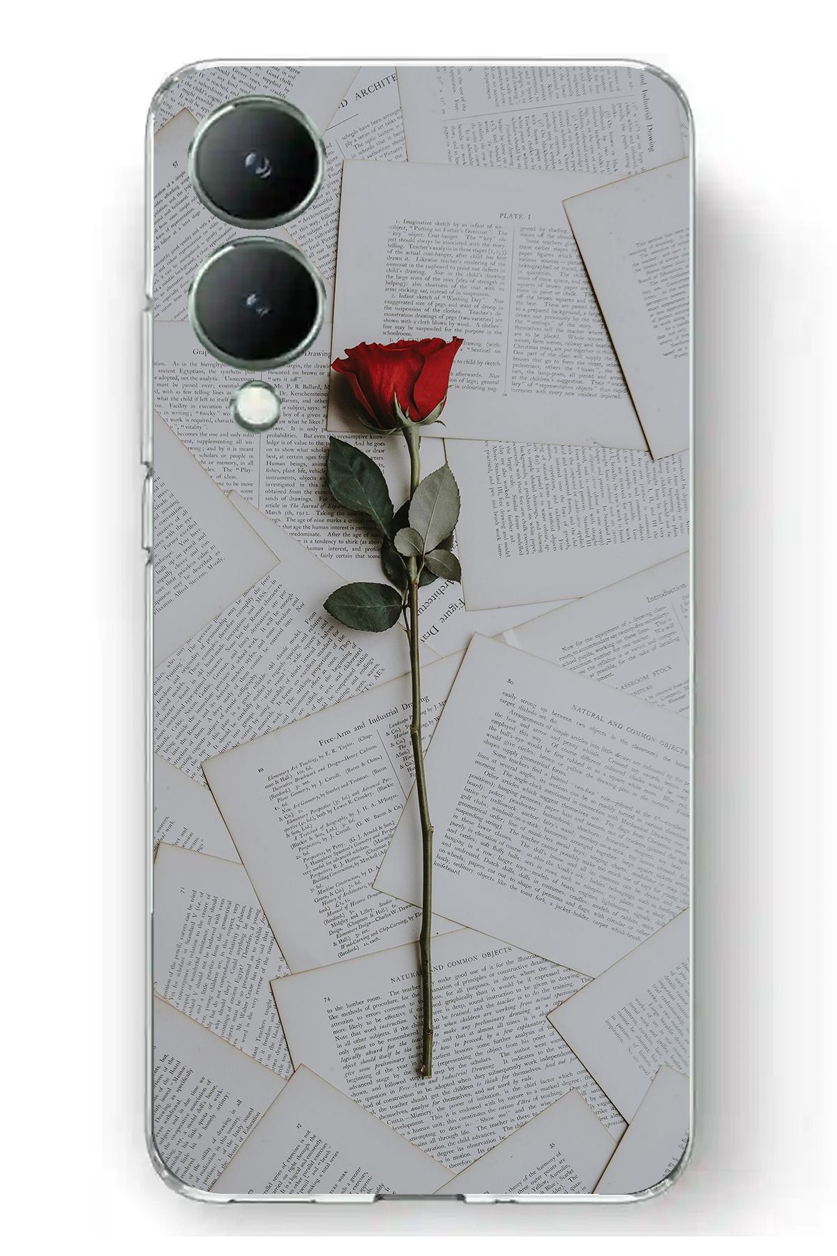 TechTree Vivo Y17S Uyumlu Kırmızı Gül Şeffaf Silikon Kılıf