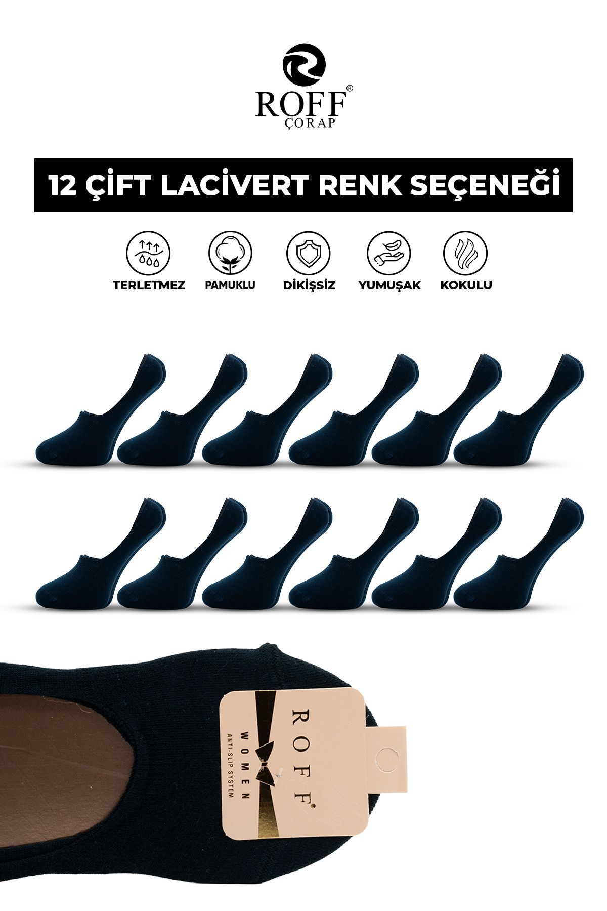 ROFF ÇORAP Roff Kadın Kaydırmaz Silikonlu Babet Çorap 12'li / Lacivert