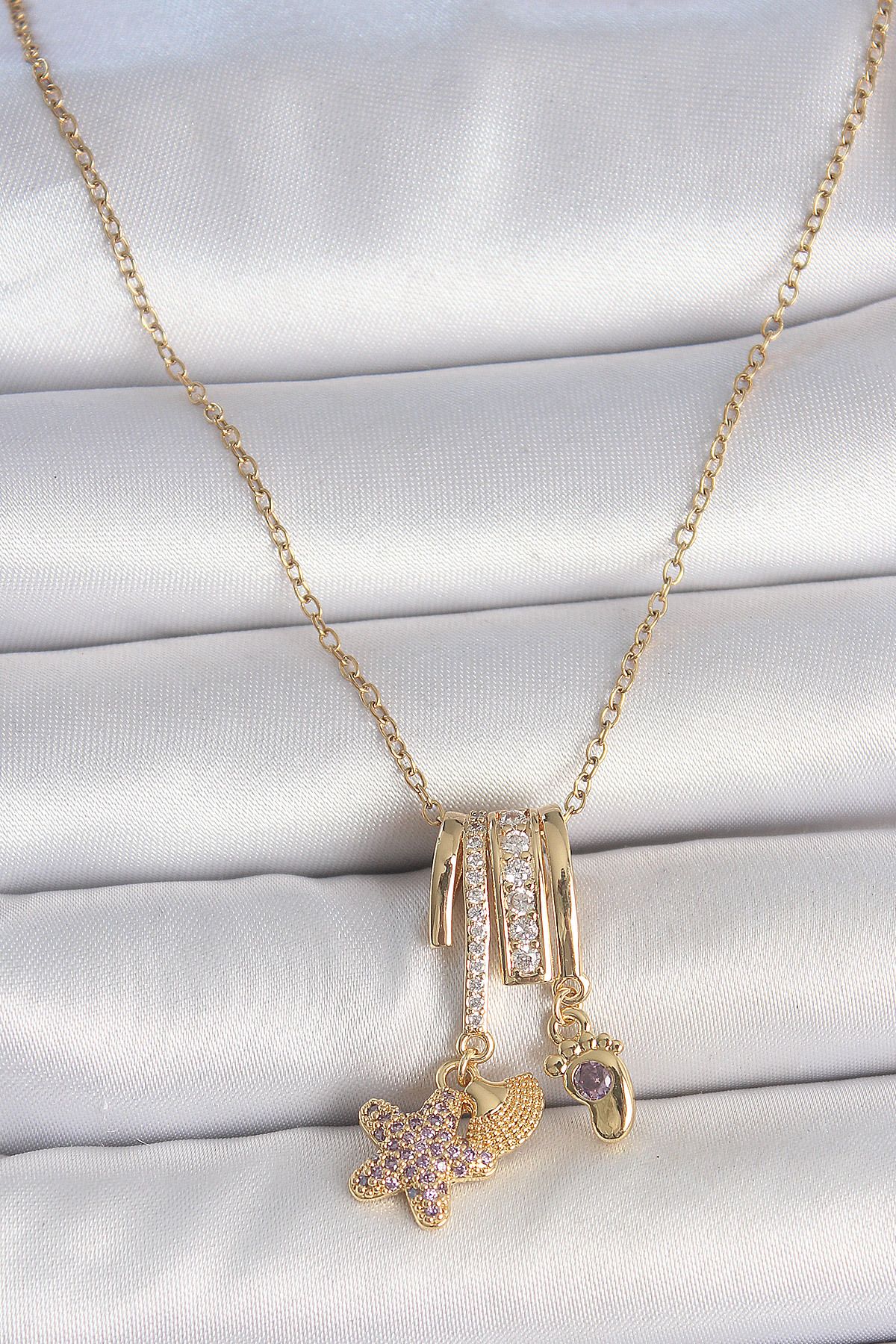 seZZeon 316L Çelik Gold Renk Sallantı Zirkon Taşlı Mor Taşlı Ayıcık Figür Charm Kadın Kolye