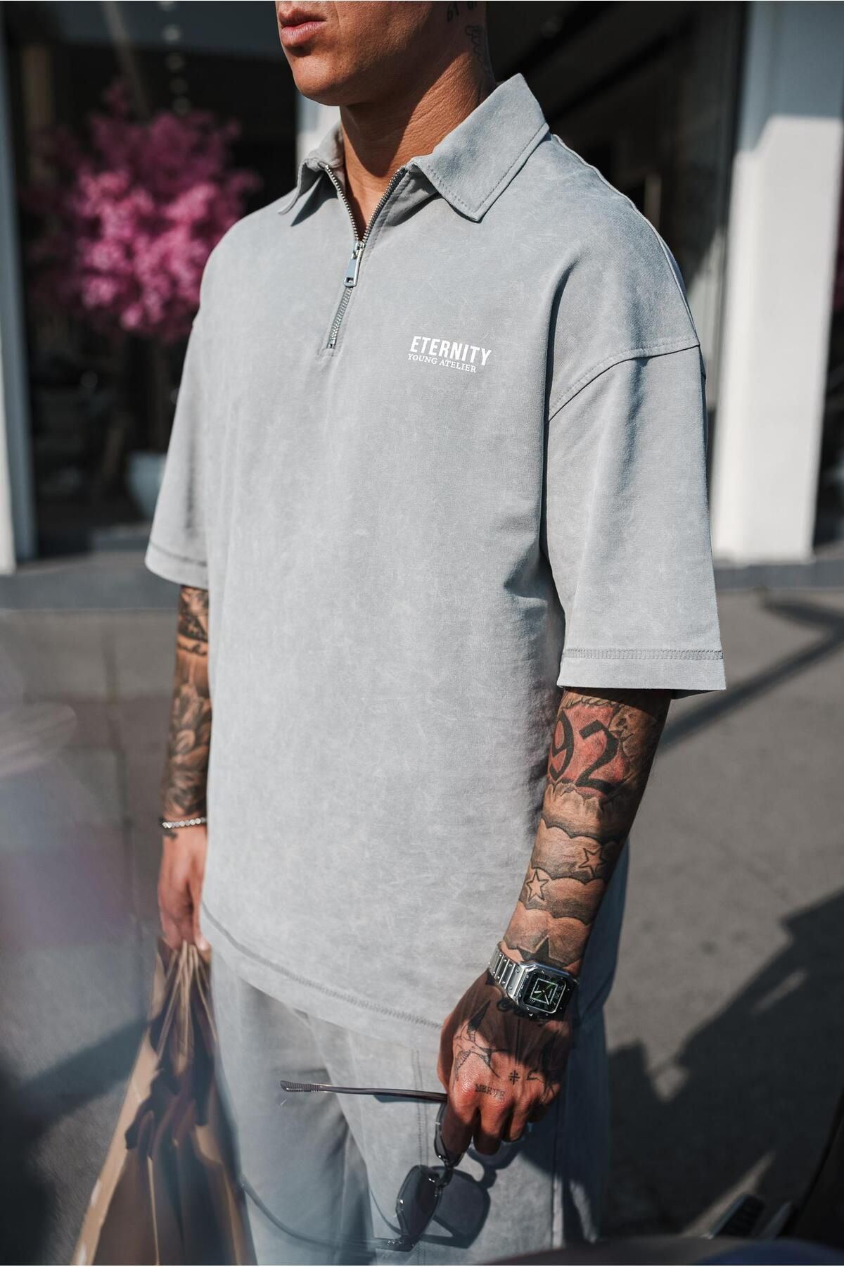 ablukaonline Erkek Polo Yaka Yıkamalı Oversize T-Shirt Gri