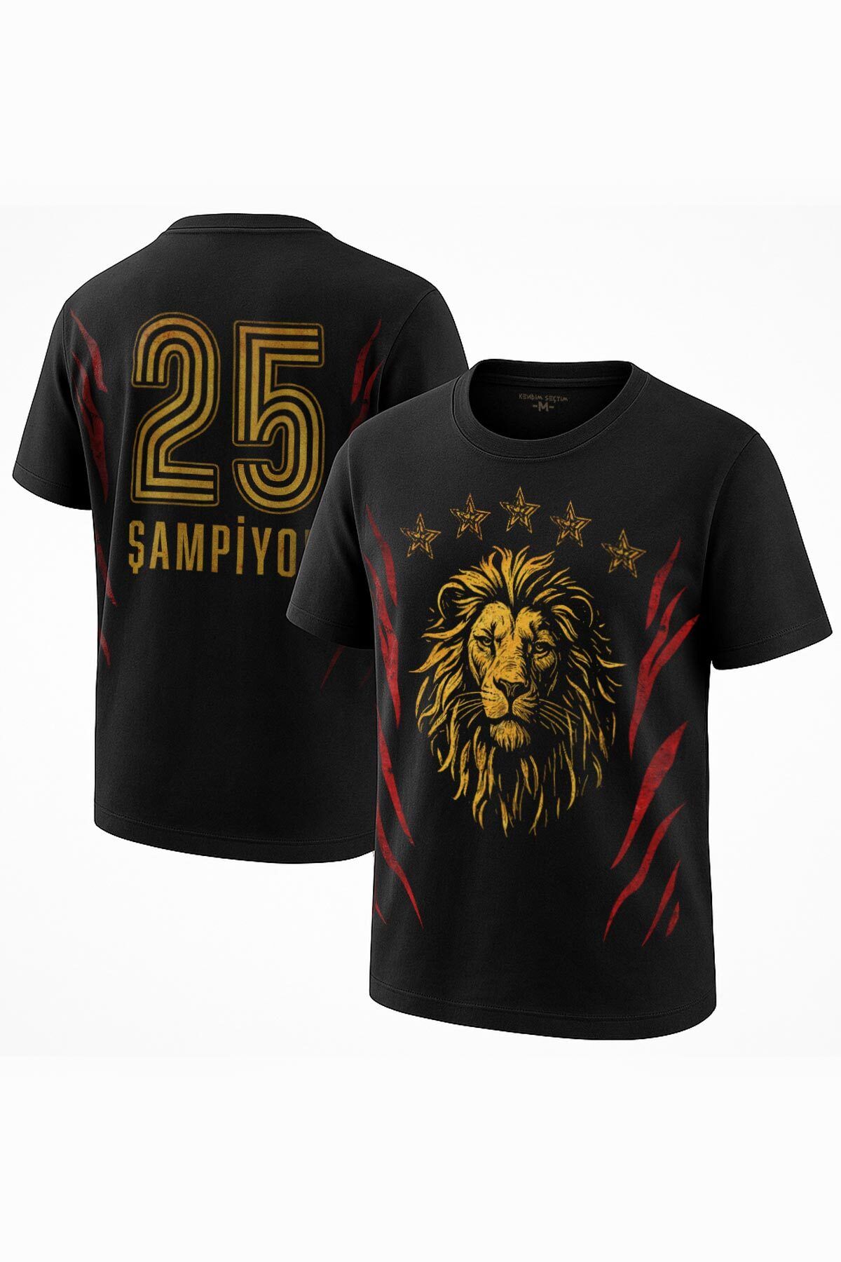 Kendim Seçtim Aslan Ruhu Sarı Kırmızı 5 Yıldız Unisex Siyah Tişört Ön ve Sırt Baskılı Tasarım T-shirt