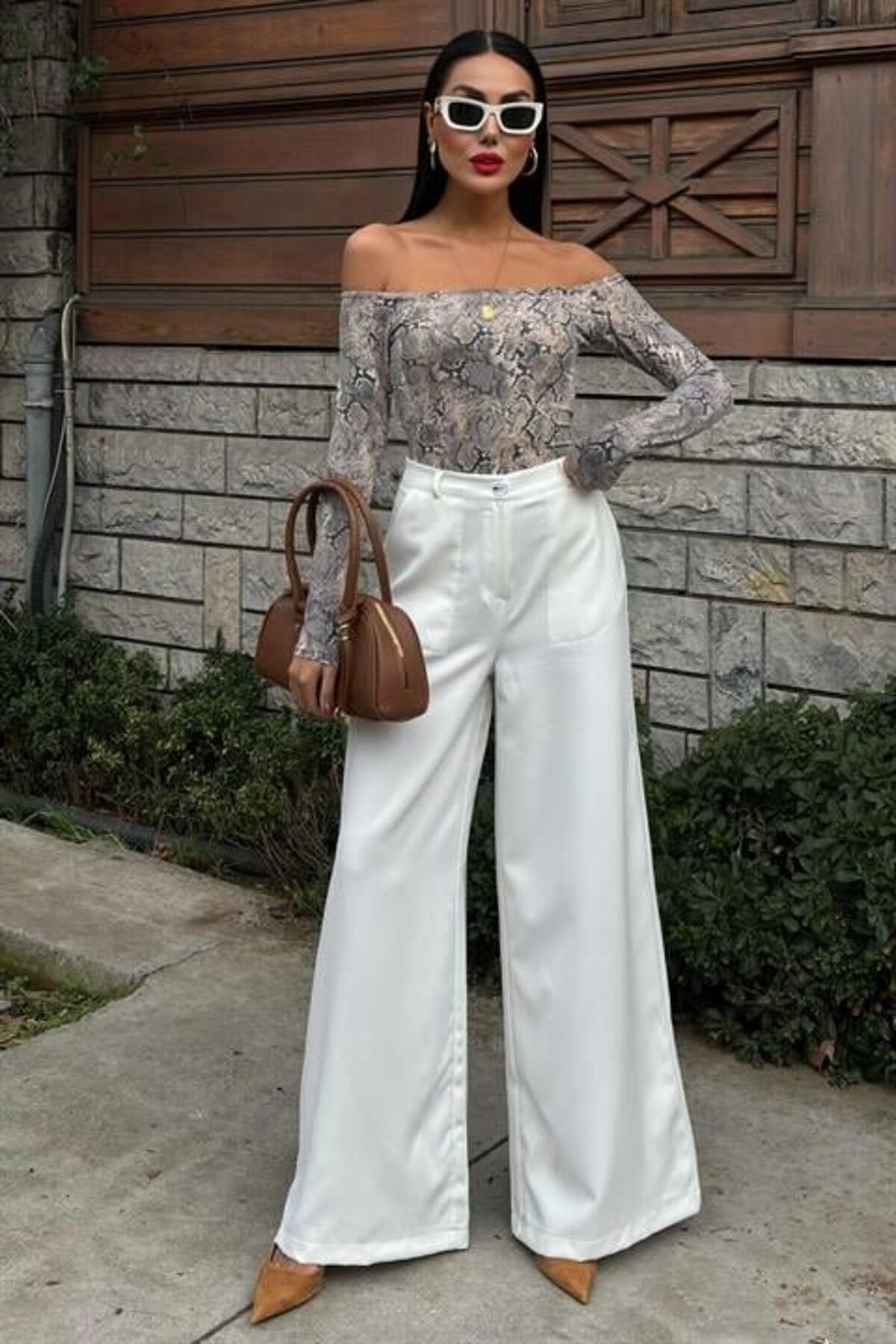 VELİZADE Yüksek Bel Esnek Konfor Modeli Düğmeli Premium Geniş Bol Paça Wide Leg Beyaz Palazzo Kumaş Pantolon