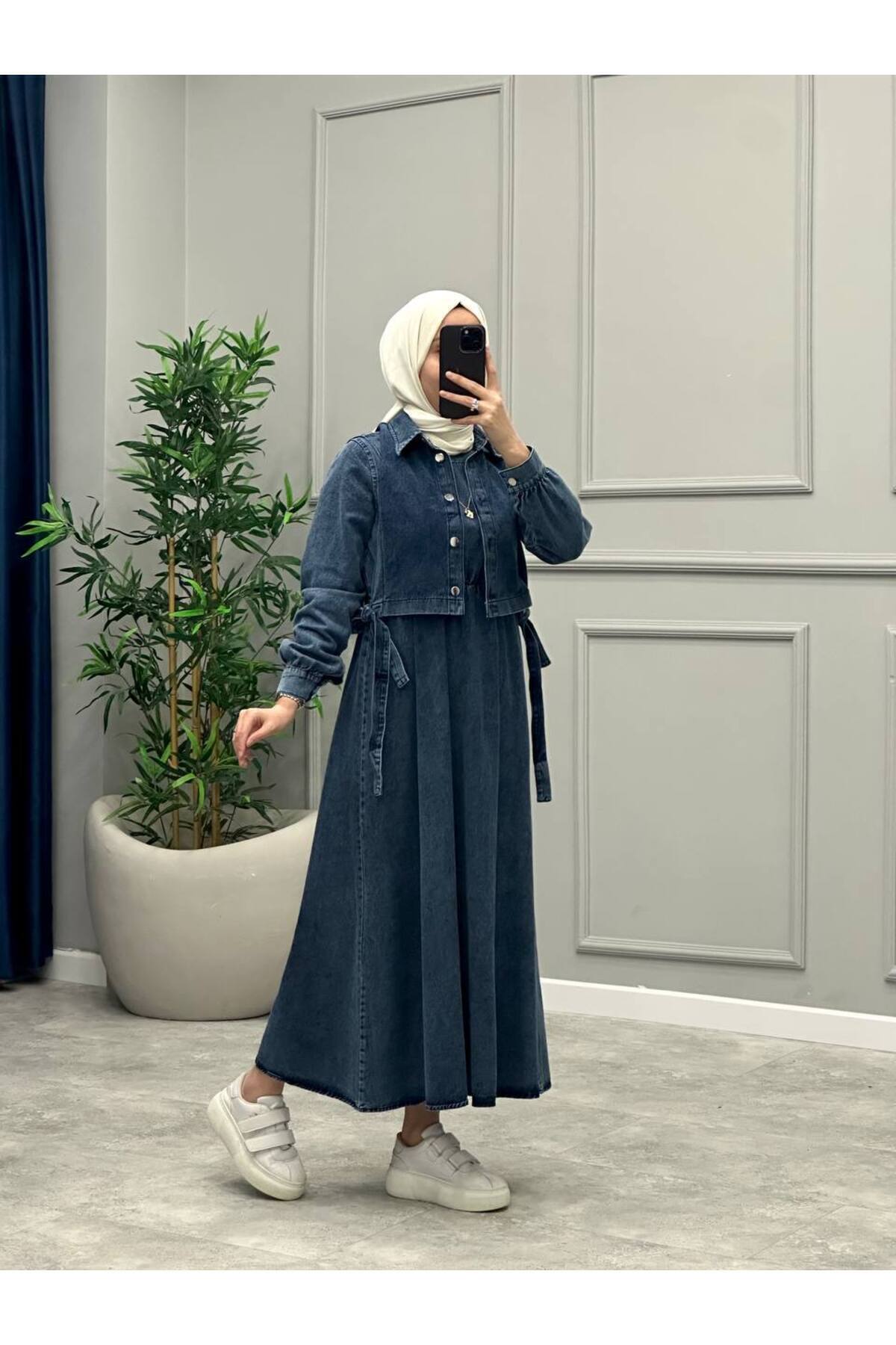 OlaLady-Γυναικείο τζιν φόρεμα Hijab με γιλέκο με δέσιμο στο πλάι 2