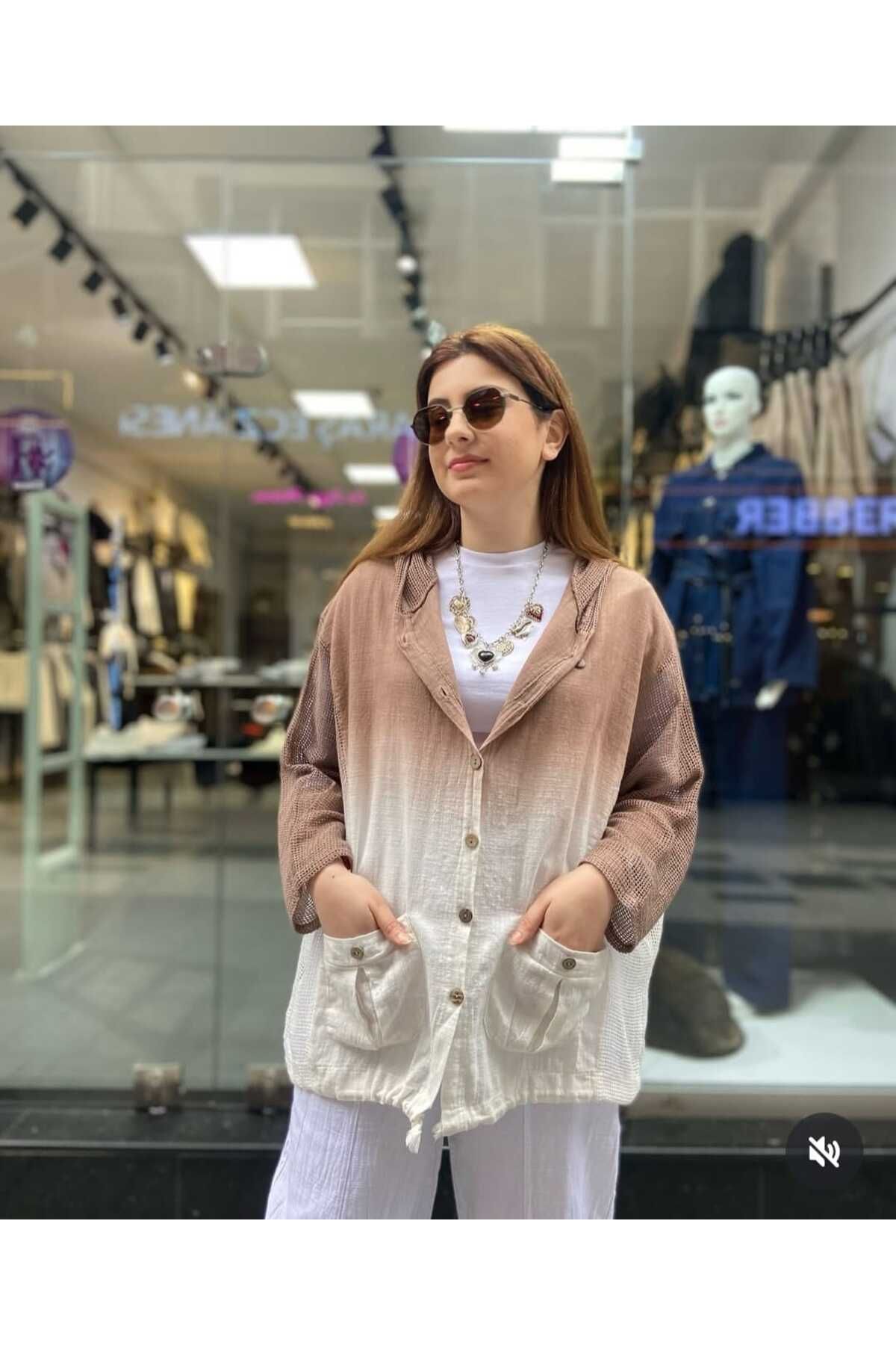 Seviliko Kadın Keten Gömlek Ceket %100 Pamuklu Premium Kumaş Kapüşonlu Fileli Düğme Cep Detay Kahverengi