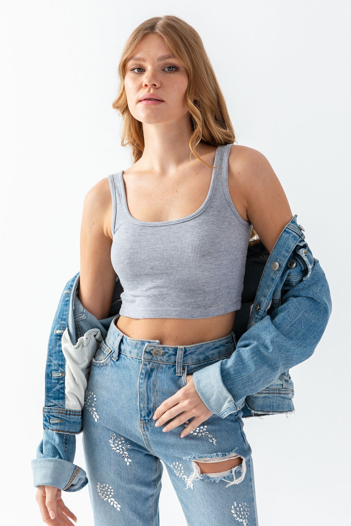 lidya lingerie Kadın Gri Fitilli Kalın Askılı Örme Crop Top