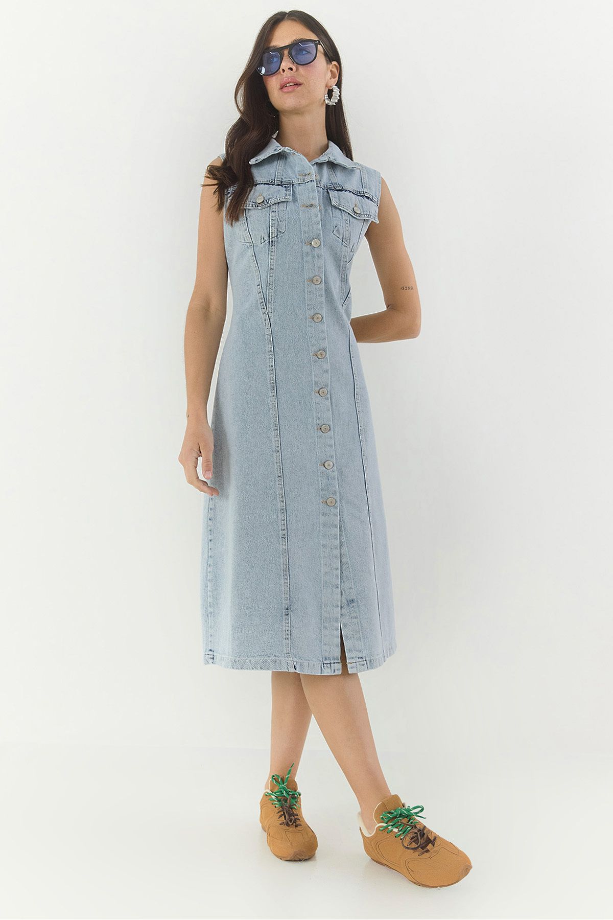 Bianco Lucci Kadın Belden Oturan Cepleri Kapaklı Sıfır Kollu Düğmeli Denim Elbise 3575 60283288
